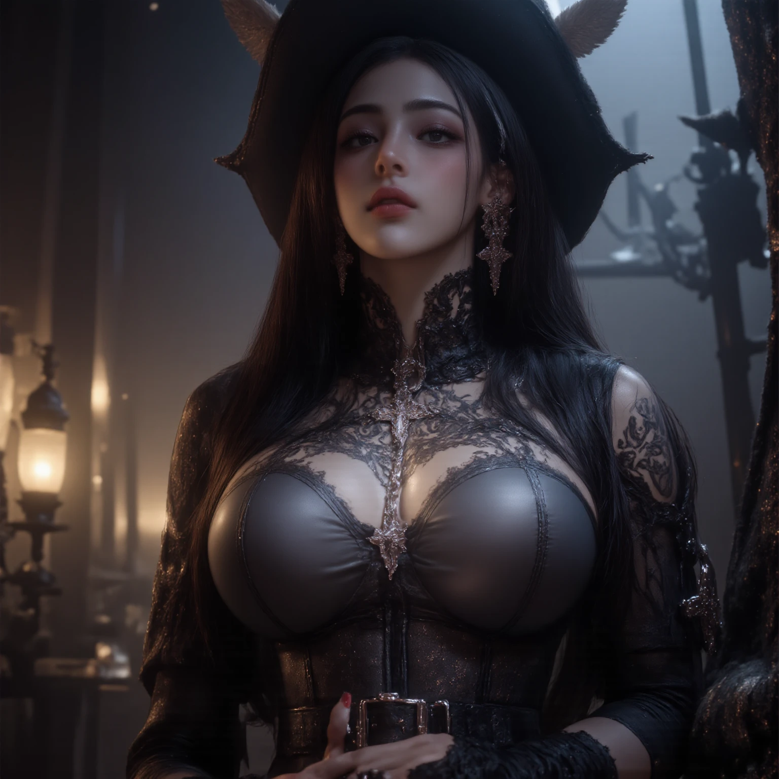 A girl succubus semi-naked big breasts realistic horns on the head tail sexy with tattoos on the belly --auto