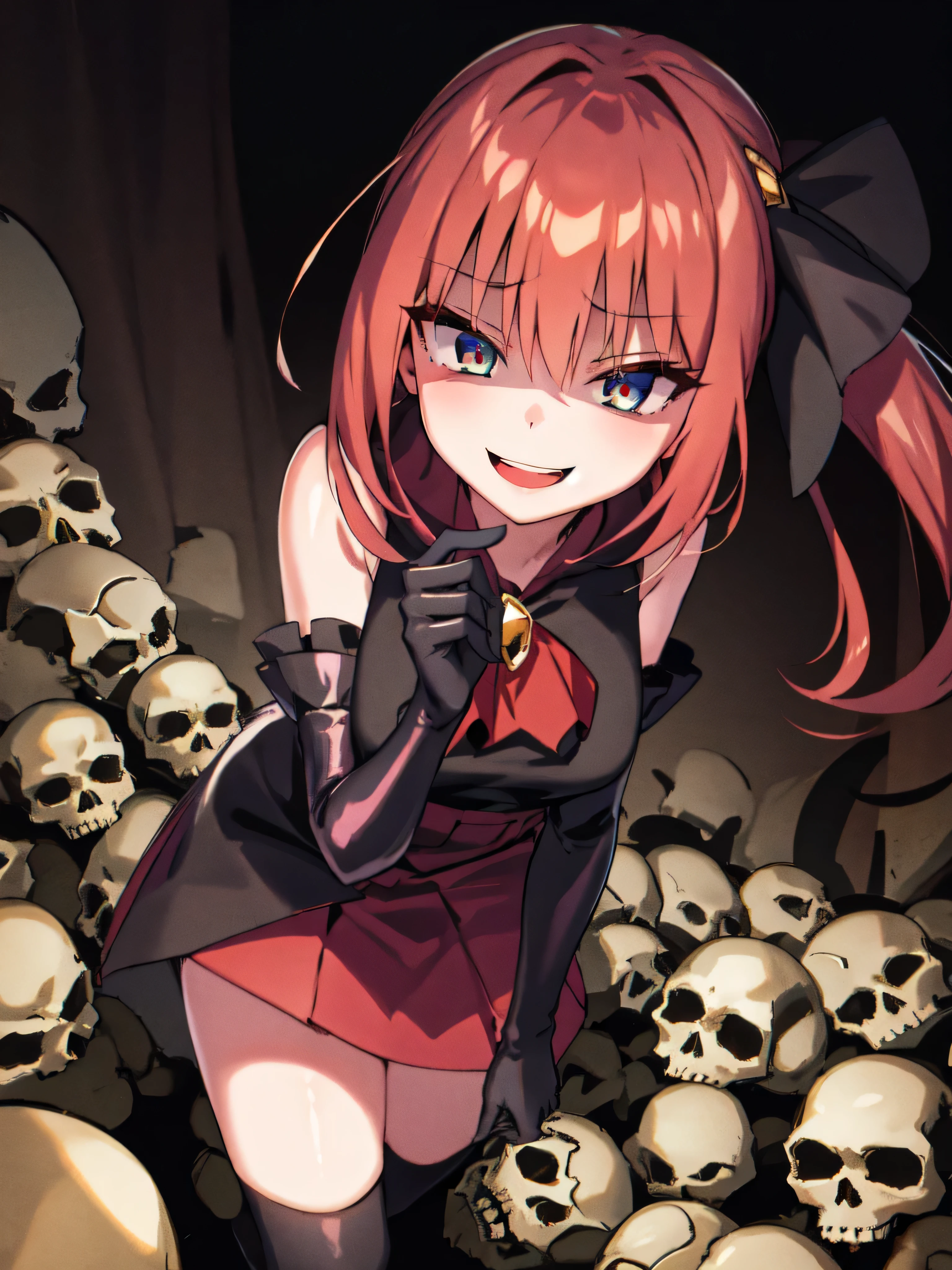  best quality , Masterpiece,  One Girl,Not beautiful, red horsetail,  long dress ,  Blog,  hair bow,   black knee-high socks,   standing on rubble  ,  , ,,Dark Shadow Face , Sadistic Laugh ,,malice,Contempt,smile,,Bad face,, red skirt,both hands,Two legs, 5 fingers ,Evil background, Elbow Full Gloves ,shiny latex, wicked laugh,  Devish Aura  ( shiny fabric :1.5),Dark world background,solo,Skull in a decorated. background, A pile of skulls lies beneath ,), in Illustrator_in_audience,.、 Generating High Quality Female Art ,,Dark aura,


