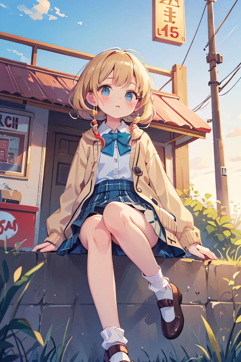 top quality、 high resolution、( high definition:1.2)、 Masterpiece、 detailed background、age beauty、( highly detailed faces at a pachinko parlor:1.2)、 under the blue sky、 leaning against a fence on the roof of the school JK 、 style fluttering hair、 hands reaching out to the sky 、During sunset time 、 orange light gently envelops the uniform、 nostalgic atmosphere 、 in a thin cardigan with pearl buttons Pair it with a cute flared skirt or 、 choose a calm color such as beige or light blue 、 pair a smaller jacket-style top with a plaid skirt for an adult-like look、 wear tights or cute socks underneath 、 half up with a ribbon 、 cute