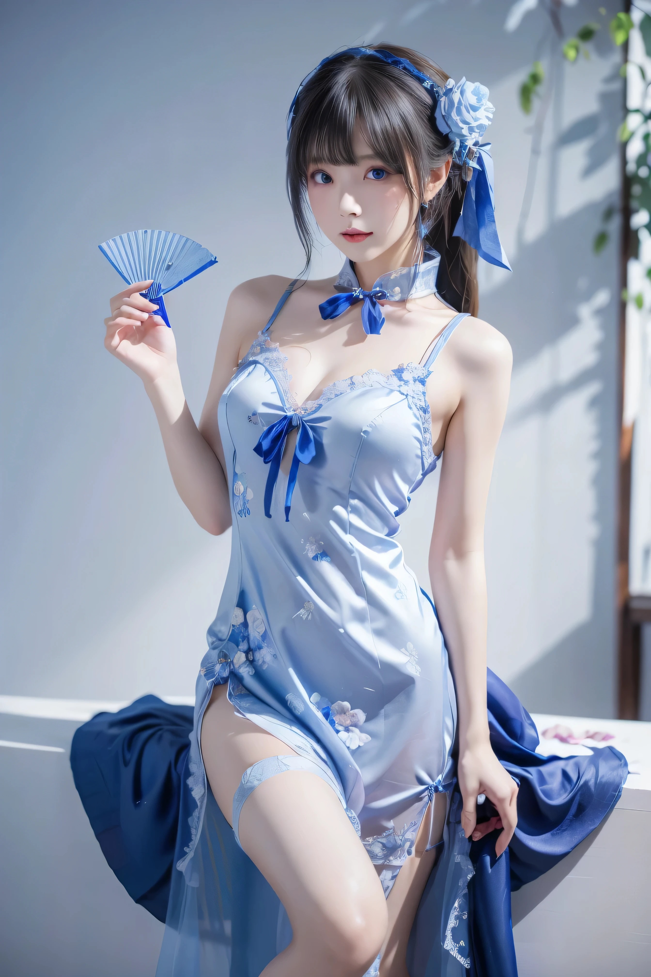 Cheongsam, 1 girl, blue bow, blue eyes, blue flowers, blue ribbon, blue rose, chest, Chinese clothing, Chinese clothing, dress, flower, gradient, gradient background, embroidered ball flower, looking at the audience, small chest, pantyhose, rose, single, thigh pantyhose, Chinese paper fan with painting on it,