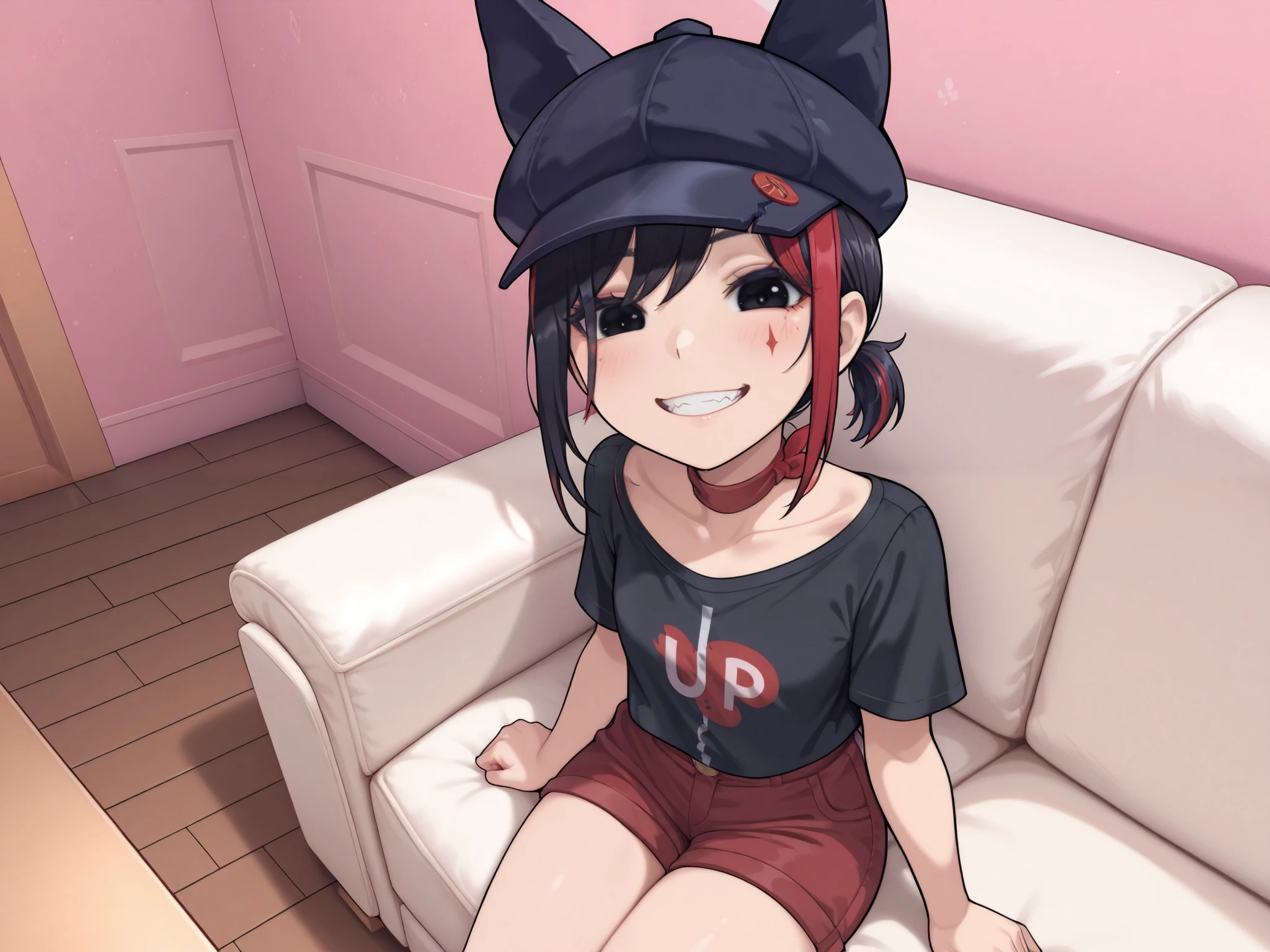 ( maximum resolution, Very detailed, Masterpiece,precise, Masterpiece,Solo , single shots ),(1 girl aged s, black hair, short hair , Ponytail, Side-Faced Hair , Highlights Bright Red Hair ,Black eyes, Wearing a Black Eared Cap, black shirt, red shorts,Arm broken,cheerful,smile,Canine teeth, sitting on the couch( Looking at the viewer , anatomically correct,Half body,Anime style)