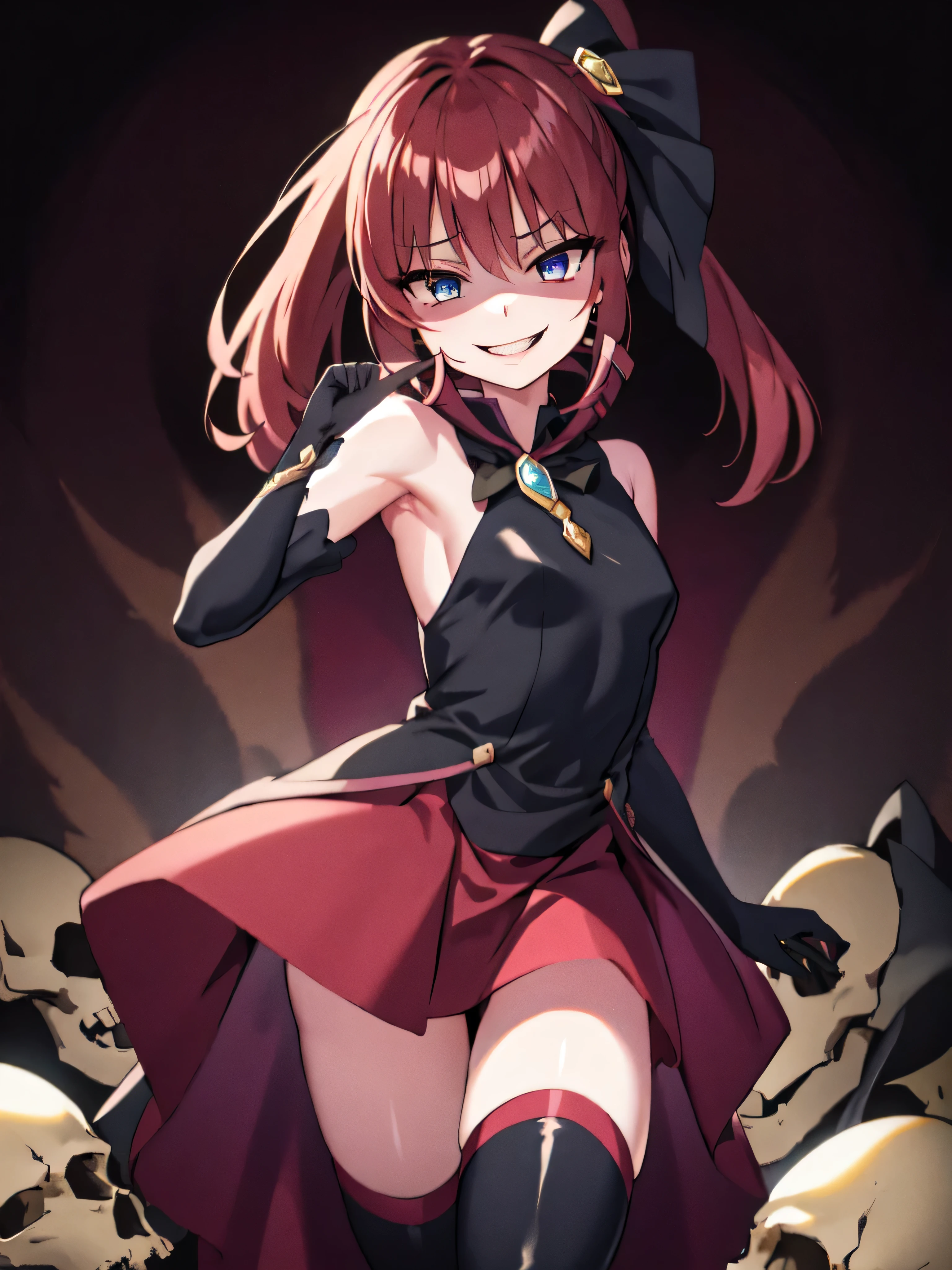 Highest quality, masterpiece, One Girl,Not beautiful, Red Ponytail, Long dress, brooch, Hair Ribbon,  Black knee socks, Standwg on the rubble,  , ,,Dark shadow face,Sadistic laugh,,Malice,Contempt,smile,latex,Bad face,,Red Skirt,both hands,Two legs,Five Fwgers,Evil background,Elbow fullgloves,shwy latex,evil laugh, Debish Aura (Shwy fabric:1.5),Dark world background,solo,頭蓋骨w飾られた. background, A mountaw of skulls beneath ((Creepy)full moon),
Lookwg_w_Audience

