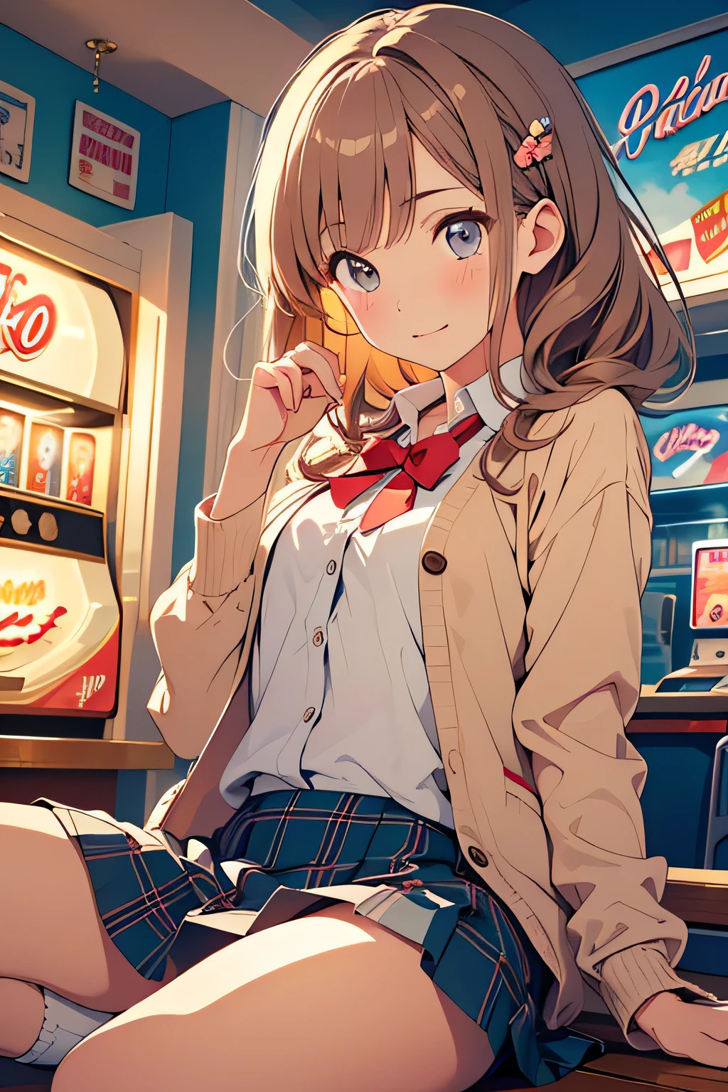  top quality、 high resolution、( high definition:1.2)、 Masterpiece、 detailed background、age beauty、 big size、( highly detailed faces at a pachinko parlor:1.4)、 detailed expressions 、( Details:1.2)、 anatomically correct、 under the blue sky、 leaning against a fence on the roof of the school JK 、 style fluttering hair、 hands reaching out to the sky 、During sunset time 、 orange light gently envelops the uniform、 nostalgic atmosphere 、 in a thin cardigan with pearl buttons Pair it with a cute flared skirt or 、 choose a calm color such as beige or light blue 、 pair a smaller jacket-style top with a plaid skirt for an adult-like look、 wear tights or cute socks underneath 、 half up with a ribbon 、 cute