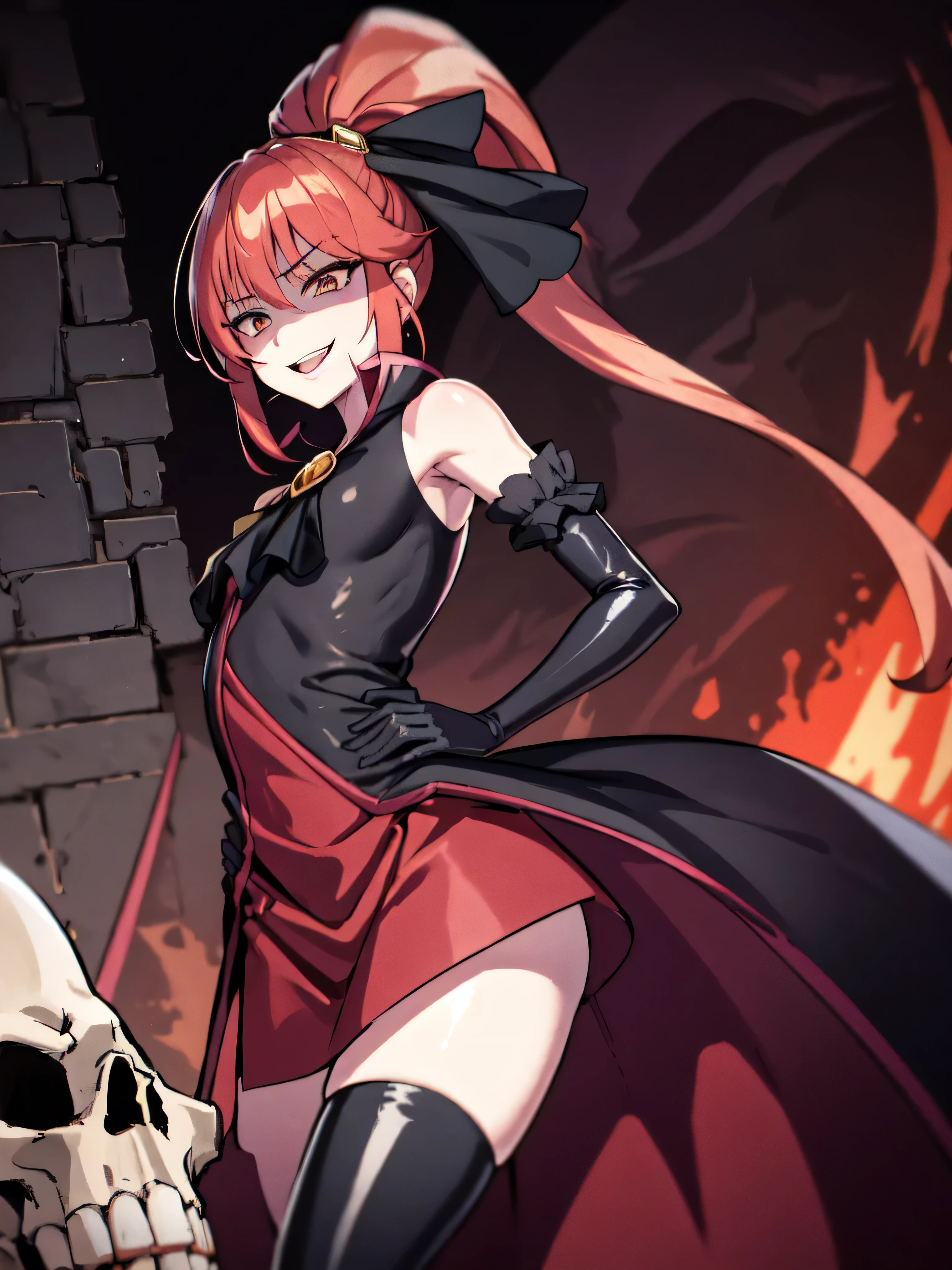 Highest quality, masterpiece, One Girl,Not beautiful, Red Ponytail, Long dress, brooch, Hair Ribbon,  Black knee socks, Standing on the rubble,  , ,,Dark shadow face,Sadistic laugh,,Malice,Contempt,smile,latex,Bad face,,Red Skirt,both hands,Two legs,Five Fingers,Evil background,Elbow fullgloves,shiny latex,evil laugh, Debish Aura (Shiny fabric:1.5),Dark world background,solo,Decorated with skulls. background, A mountain of skulls beneath ((Creepy)full moon)


