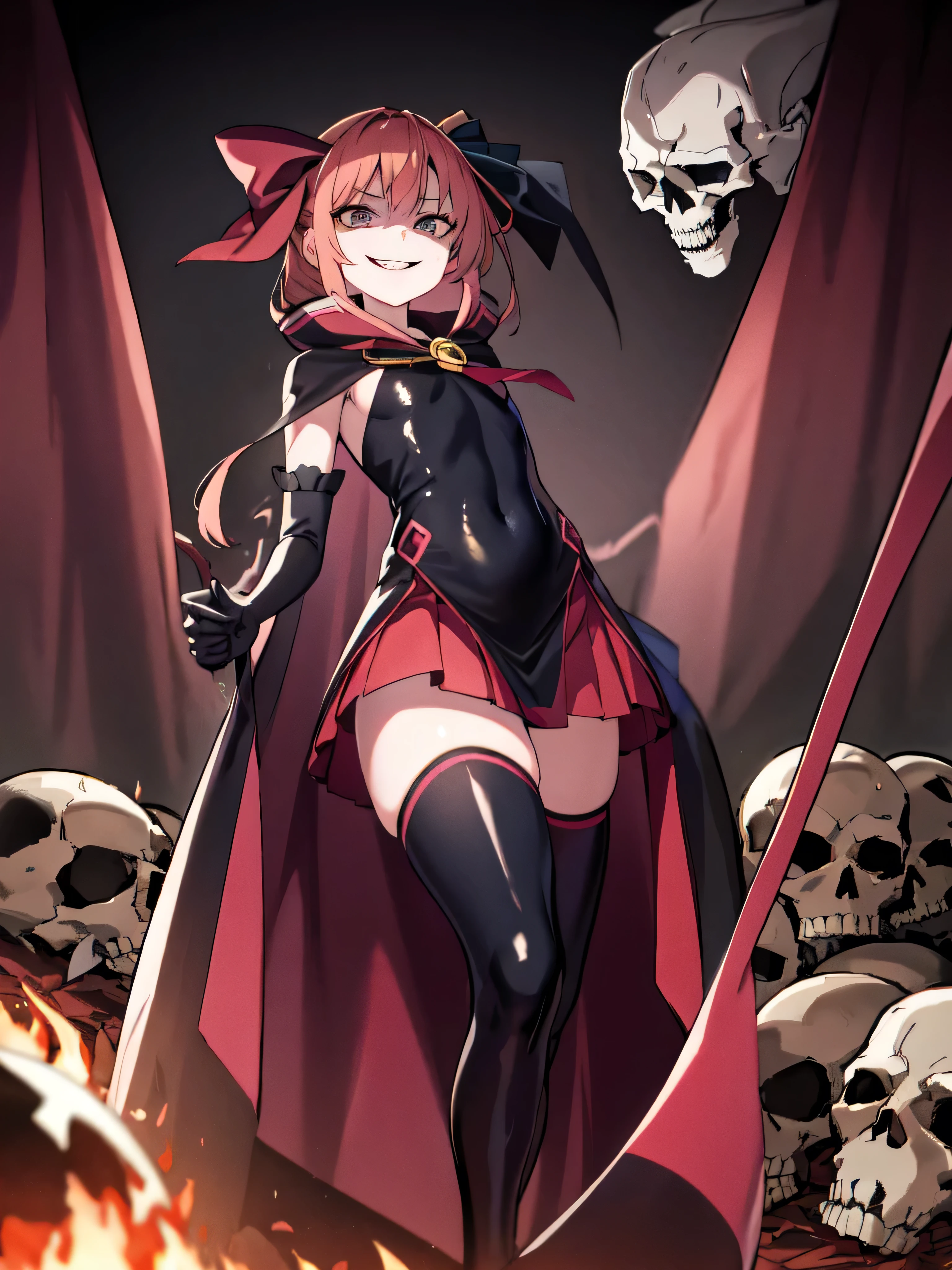 <lora:clear_LimbusCompany-fight:1>, 1girl, mori calliope, virtual youtuber, long hair, breasts, pink hair, scythe, solo, veil, tiara, dress, cleavage, thighhighs, white background, holding, black dress, holding scythe, looking at viewer, full body, simple background, pink eyes, spikes, bangs, single thighhigh, cape, see-through, black thighhighs, side slit, large breasts, weapon, detached sleeves, torn clothes, black cape, belt, standing, black nails, single sleeve, blunt bangs, cleavage cutout, cloak, clothing cutout