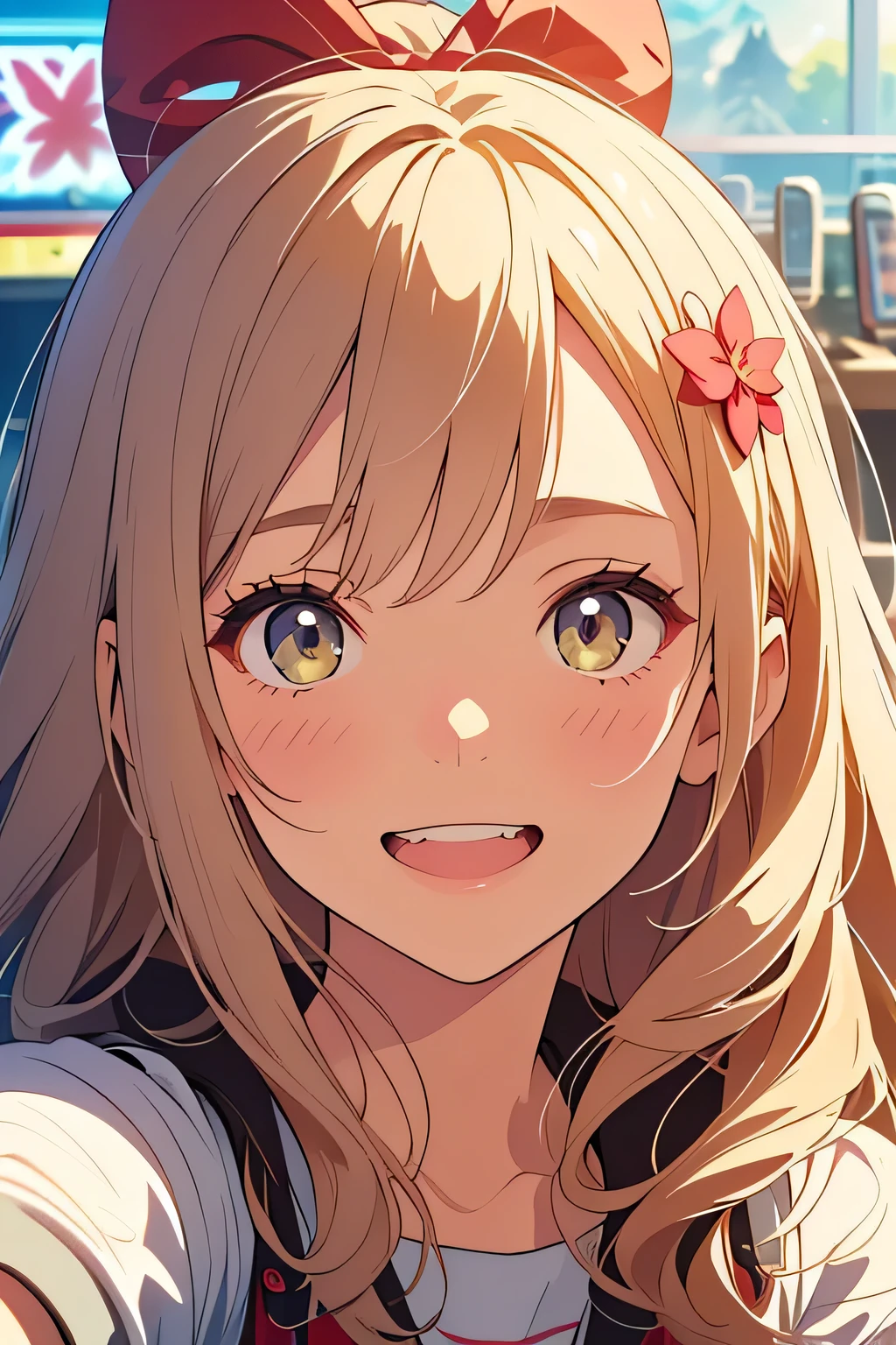 Anime girl with long blonde hair and a red bow - SeaArt AI