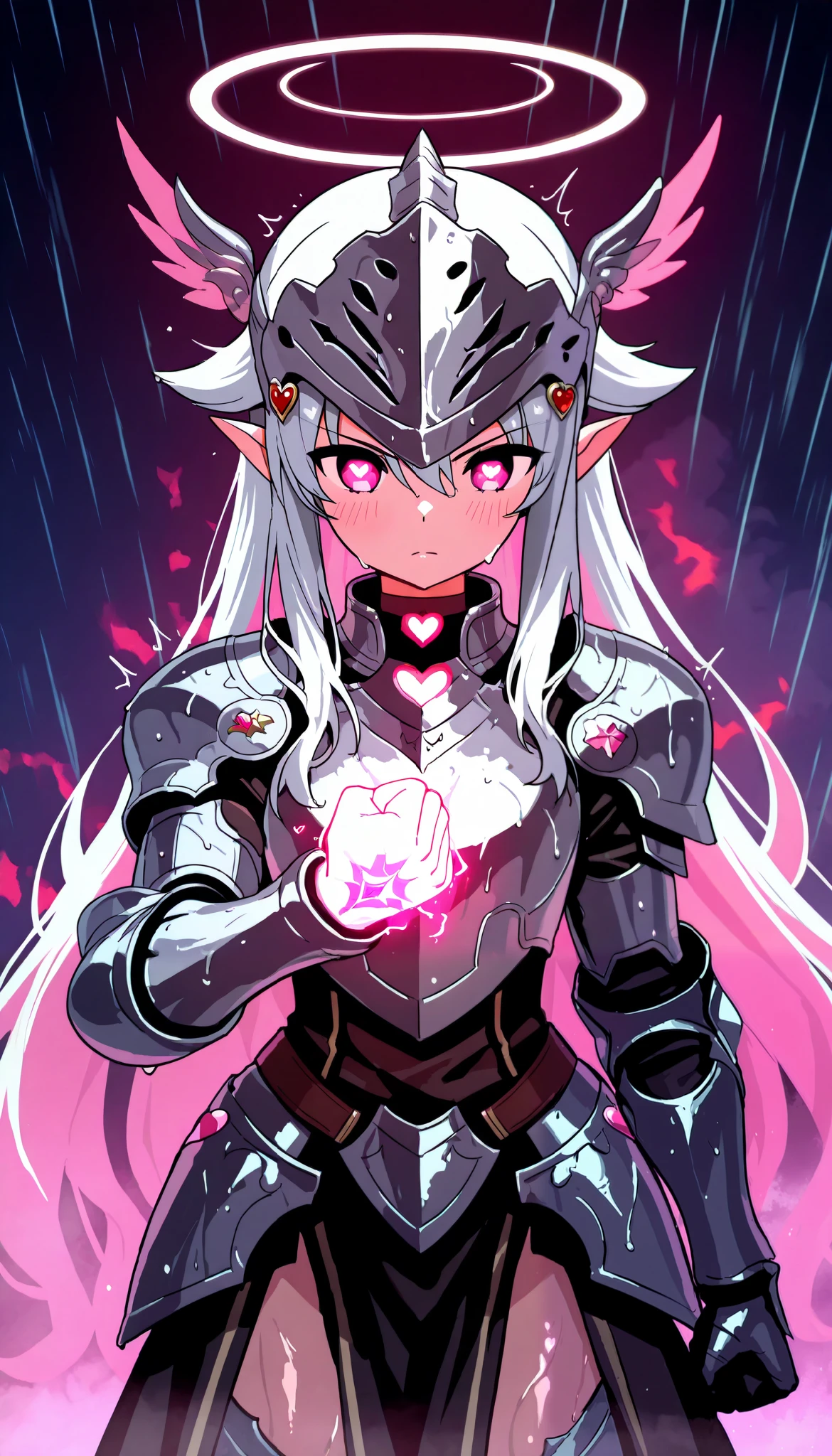 score_9, score_8_up, score_7_up, score_6_up, score_5_up, score_4_up, 1girl, fantasy, petite, halo, cowboy shot, hair clip, dynamic angle, angry, looking ahead, blush, pink eyes, symbol-shaped pupils, heart shaped pupils, pointy ears, long hair, headwings, hair flaps, white hair, multicolored hair, pink tips hair, bangs, hair between eyes, hair ornament, heart choker, red bow, headwear, knight helmets, medieval helm,steel armored clothes, wet armor, angel knight, heart hair ornament, clenched fist, standing, dark background, rainy, lightning, shape hand changed, pink crystal hand, crystal hand skin, shiny, shiny crystal skin, white steel armored clothes, pink Ruby hand, cinematic lighting, motion blur, motion lines, anime screencap, red aura, HyperHelmets