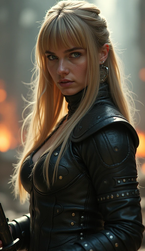 (Sith Lord) (((Avril Lavigne))), ((bodybuilder)), ((H-cup breast)), breast plate, red glowing eyes, ((21 years old)), evil sexy smile, posing, busty, Sith Lord,  desert planet with big Jedi temple in the midday, (holding lightsaber)