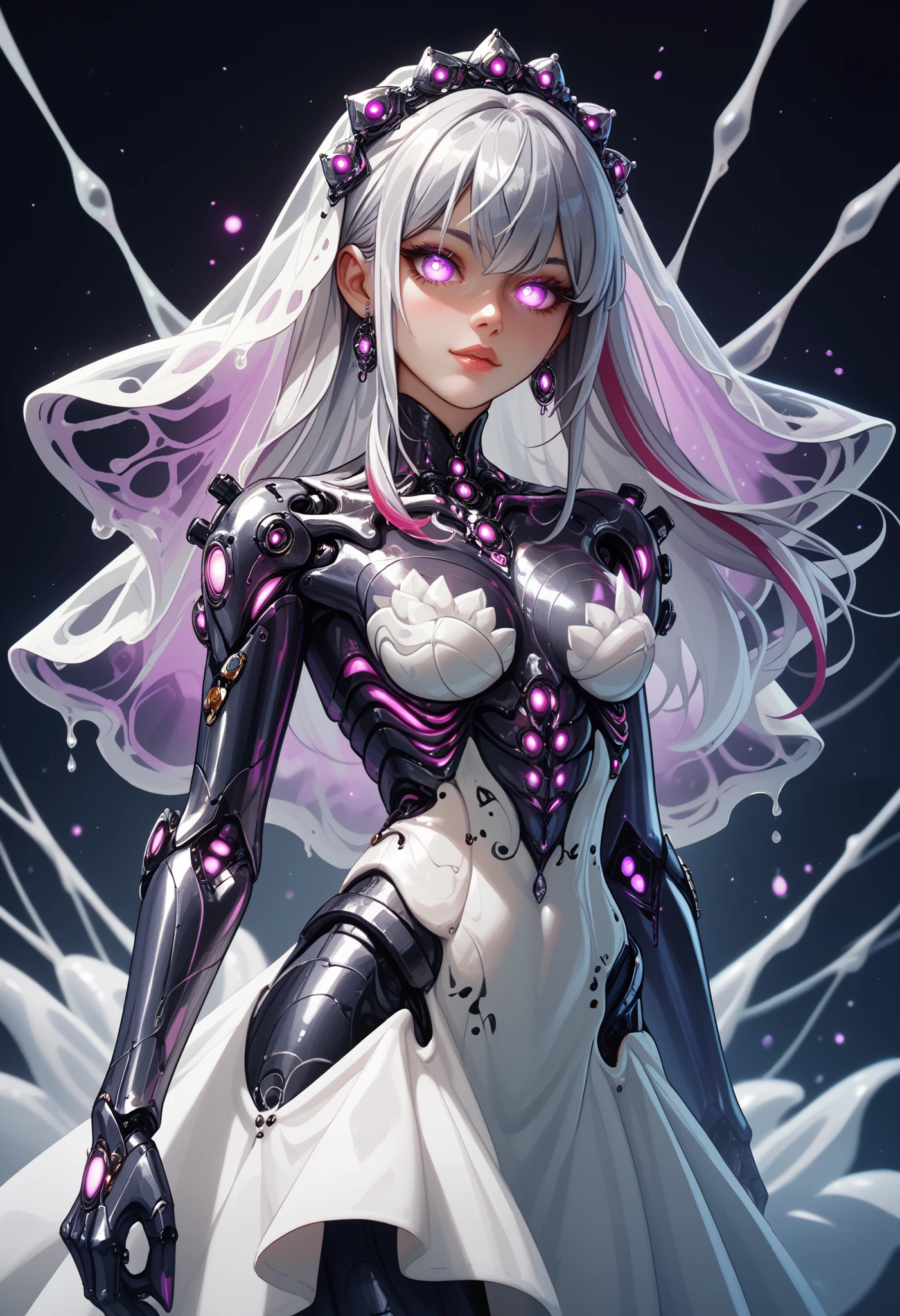 Fusion with jellyfish. Silver hair. Veil. Eyes without highlights. Purple glowing eyes. Biological machine. Mechanical bodysuit. White dress. Glowing biological core. Venom glows. Tentacles.