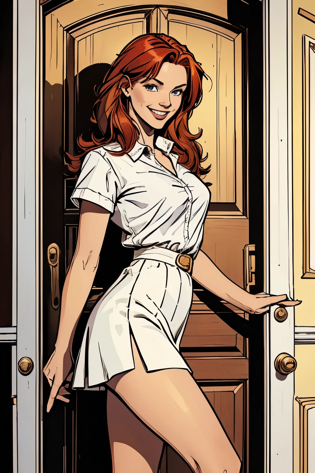 Digital Art, (girl, red_Hair, really short skirt, showing pussy, white shirt, discreet smile, cute look), ( near a door of an abbandoned moorland's victoria house , river in the background, golden hour),, by Daniil Suponitskiy jpegman