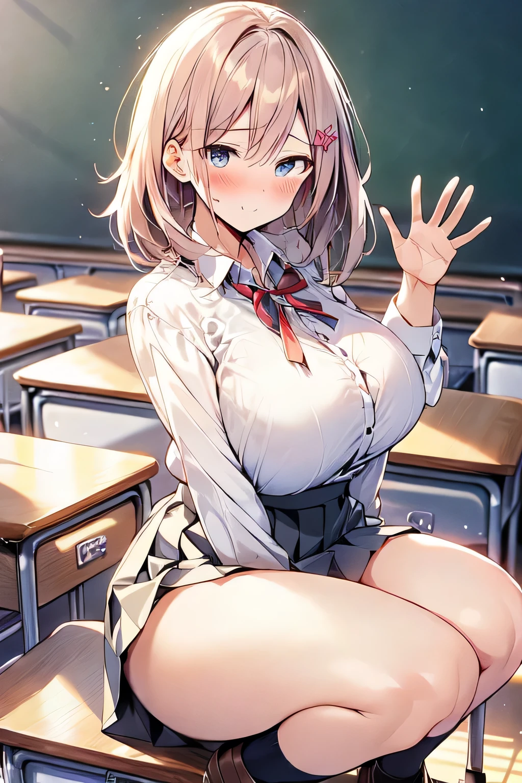 masterpiece、best qualtiy、A detailed、Classroom、Female 1 Person、20yr old、blue eyess、a blond、short-hair、Colossal tits、Colossal tits、Light blouse in white color、Blouse with some buttons unbuttoned、Pleated skirt、white panties、White High Socks、Peace sign by hand、Sit at the desk with your legs open、Bend your knees and open your legs