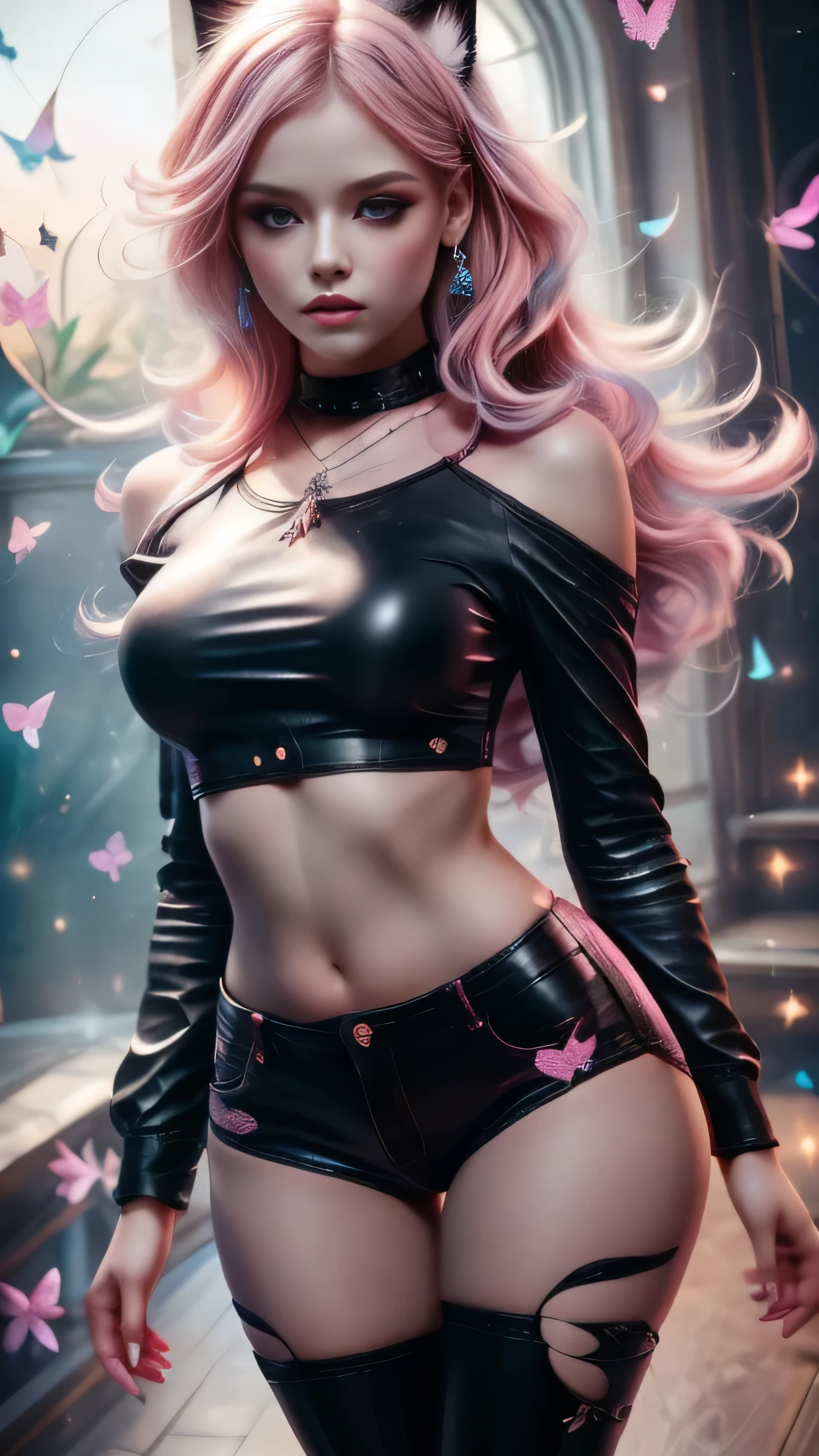 shimmering, sparkling, airbrushed gothic beauty with long black and pink hair in flowing waves, blue eyes, full slim skinny gothic cat girl body, ragged black and pink fluffy wings extending behind her crouching figure, her outfit consists of a pink long-sleeved top with the words "No More Flying" on it, ripped black jeans, pink leather boots, a mottled pink and black background with fluttering feathers, fantastic realism sparkles with unearthly magic