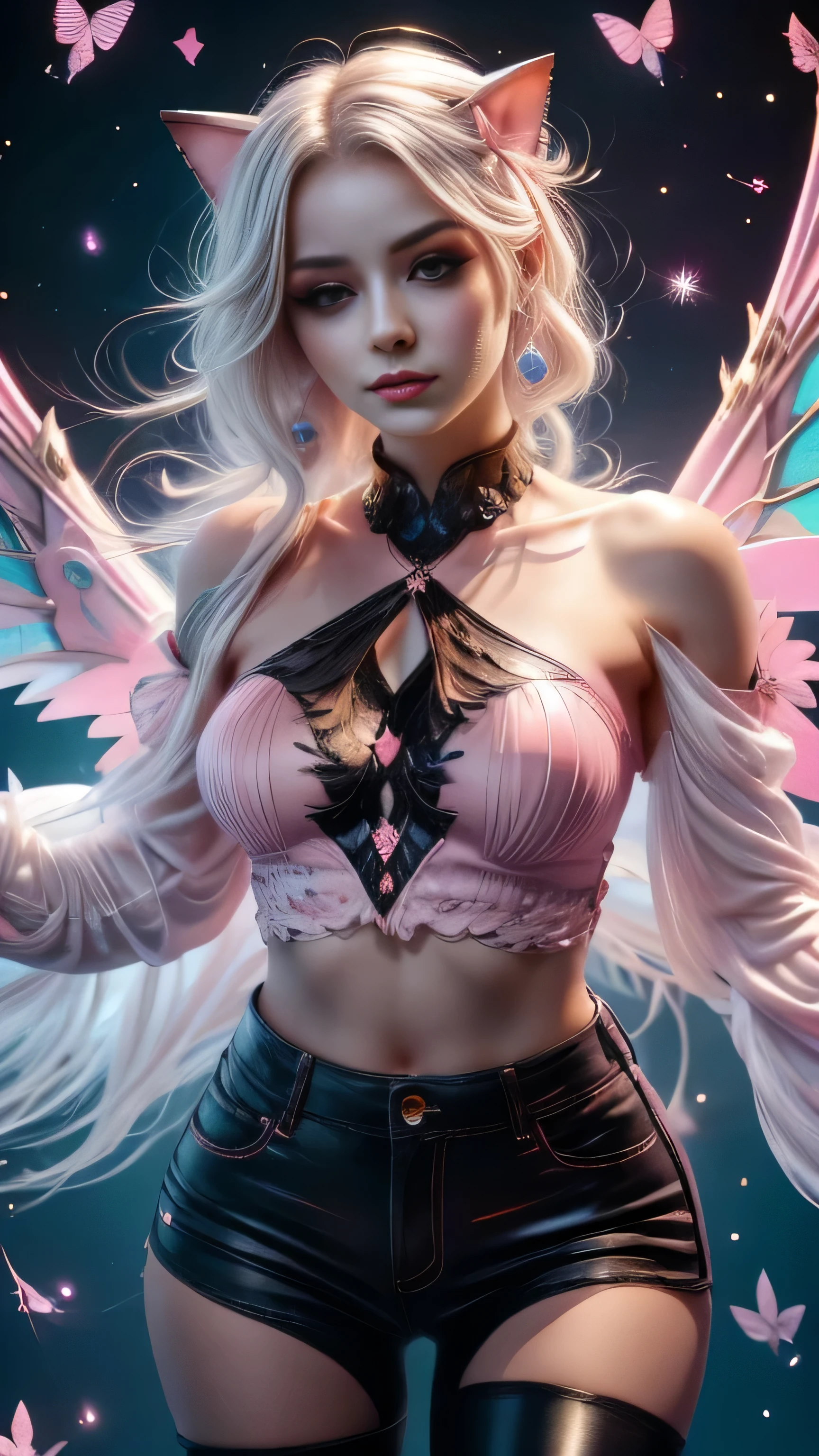 shimmering, sparkling, airbrushed gothic beauty with long black and pink hair in flowing waves, blue eyes, full slim skinny gothic cat girl body, ragged black and pink fluffy wings extending behind her crouching figure, her outfit consists of a pink long-sleeved top with the words "No More Flying" on it, ripped black jeans, pink leather boots, a mottled pink and black background with fluttering feathers, fantastic realism sparkles with unearthly magic