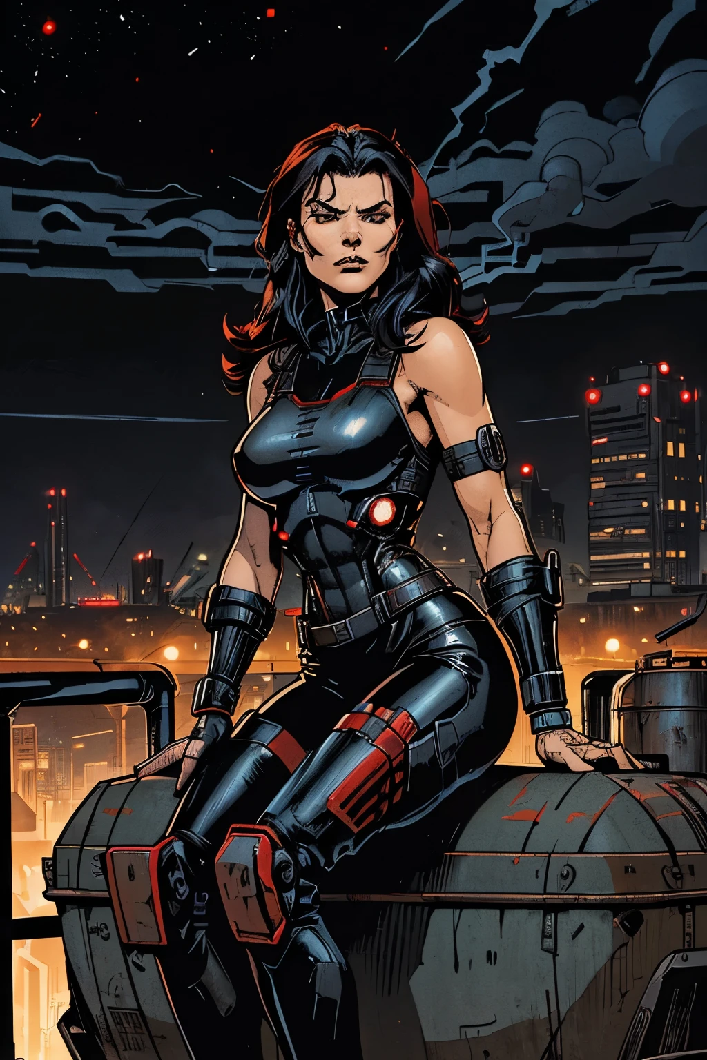 Digital Art, (girl, black hair,red_Hair, a rogue battlesuit,evil looking,boobs squeezing, sad look), ( sitting on a fuel container , industriale city in the background, nightime,smoking),, by Daniil Suponitskiy jpegman