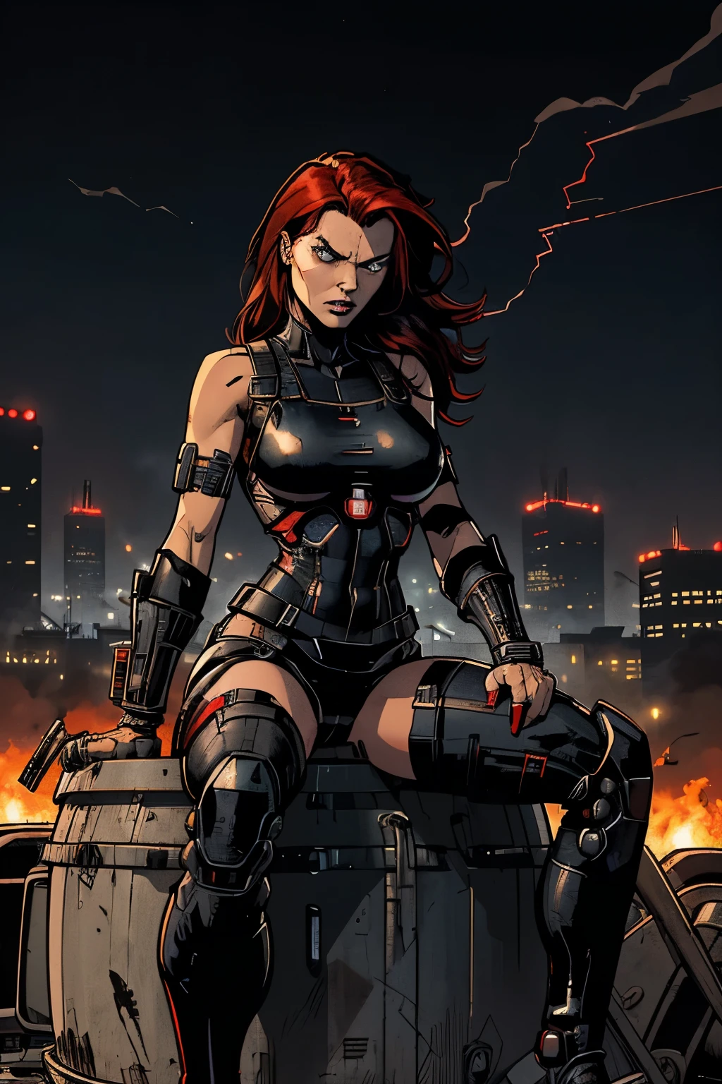 Digital Art, (girl, black hair,red_Hair, a rogue battlesuit,evil looking,boobs squeezing, sad look), ( sitting on a fuel container , industriale city in the background, nightime,smoking),, by Daniil Suponitskiy jpegman