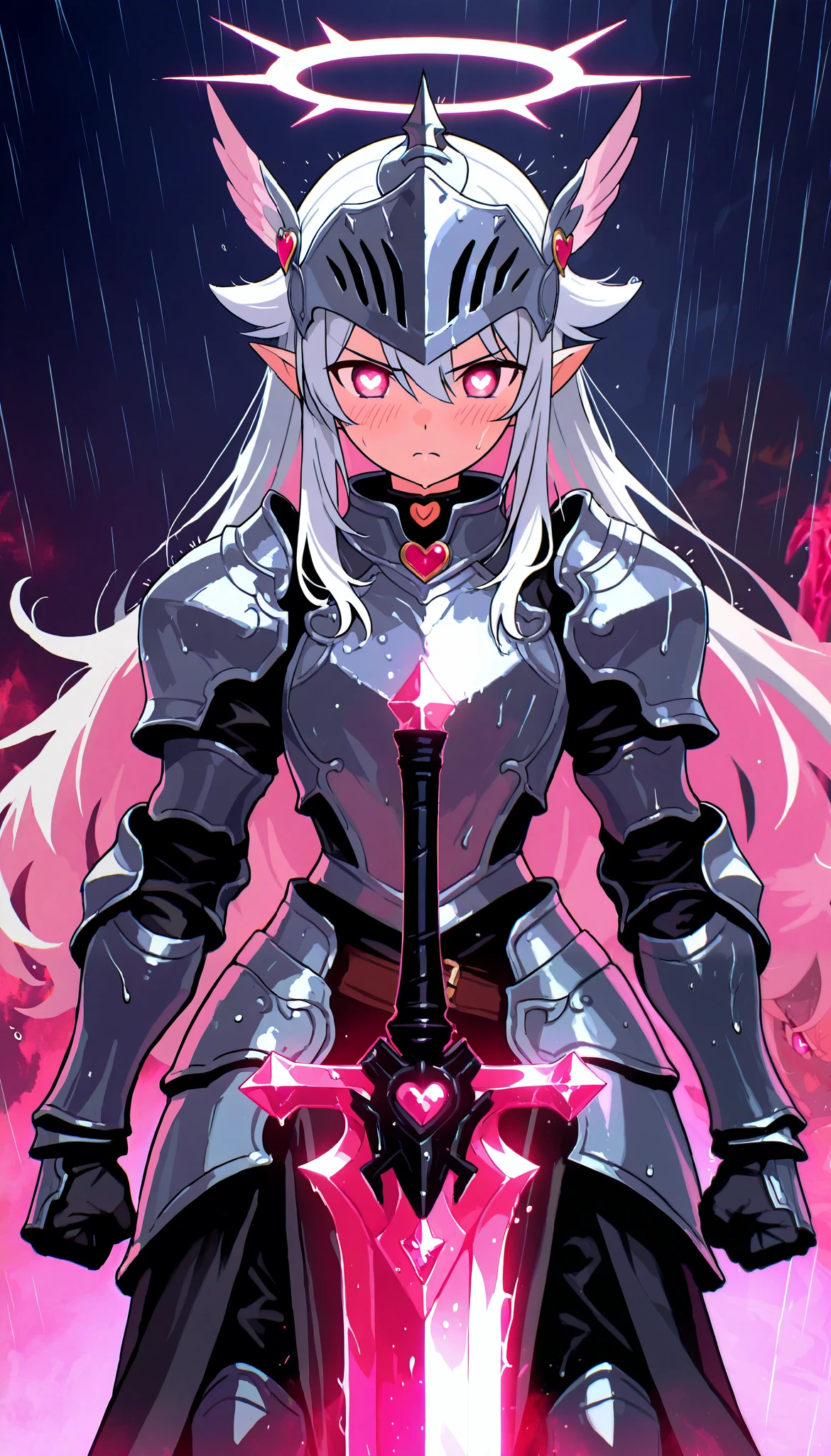 score_9, score_8_up, score_7_up, score_6_up, score_5_up, score_4_up, 1girl, fantasy, petite, halo, cowboy shot, hair clip, dynamic angle, angry, looking ahead, blush, pink eyes, symbol-shaped pupils, heart shaped pupils, pointy ears, long hair, headwings, hair flaps, white hair, multicolored hair, pink tips hair, bangs, hair between eyes, hair ornament, heart choker, red bow, headwear, knight helmets, medieval helm,steel armored clothes, wet armor, angel knight, heart hair ornament, clenched fist, standing, dark background, rainy, lightning, shape sword changed, pink crystal sword, shiny, shiny crystal sword, shield, holding, white steel armored clothes, pink Ruby hand, cinematic lighting, motion blur, motion lines, anime screencap, red aura, HyperHelmets