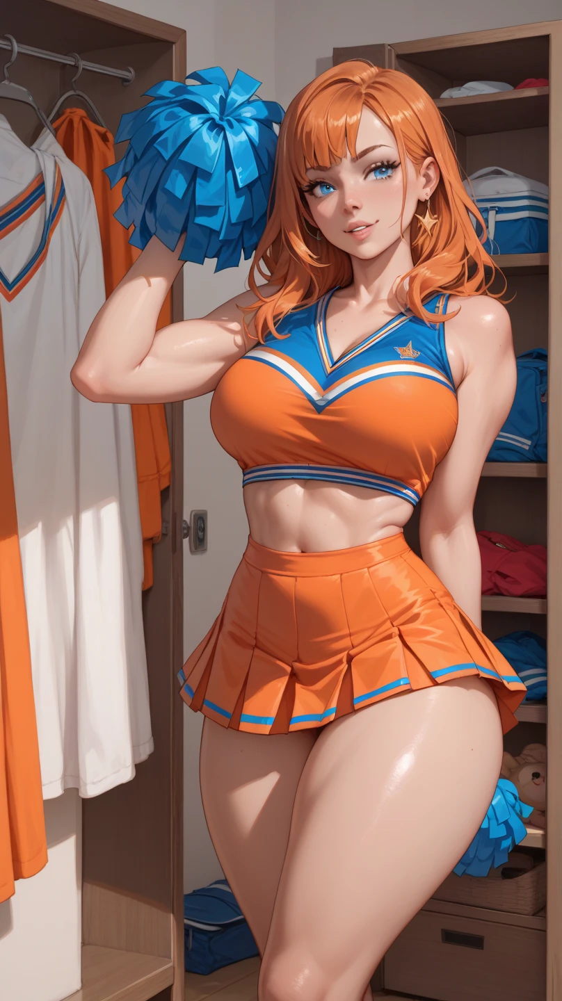 1girl, natural lighting, masterpiece, highly detailed, illustration, game CG, absurdres, high quality, redhead, freckles, glossy lips, medium breasts, looking at viewer, cheerleader, sleeveless, midriff, sneakers, sitting, light smile, grass, cleavage