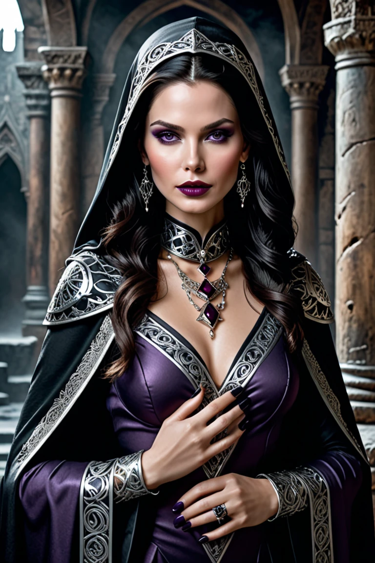 8K,超realistic,(table top, highest quality) Daniela Dimitrescu, 1 female, gray hair,Super beautiful(like the real thing),looking for at Viewer, open your mouth, blonde hair, background,very big breasts,crazy smile, cleavage, skin that looks real,jewelry, bright purple rouge underwear, looking for, Upper body, flower, wing, teeth and fangs, hood, necklace, cape, good, compensate, bug, lipstick, inside the black cave, precious stones, white skin, veil, hood up, realistic, black lips,ultra high resolution,Purple Flame(Purple effect),very big breasts,rich colors, Backlight, cinematic lighting, film grain, to be born, 50mm lens, Nikon D850,realistic skin,golden eyes,highest qualityのフォトリアリスティックなRAW写真。Bright colors,perfect woman image,Close-up,
