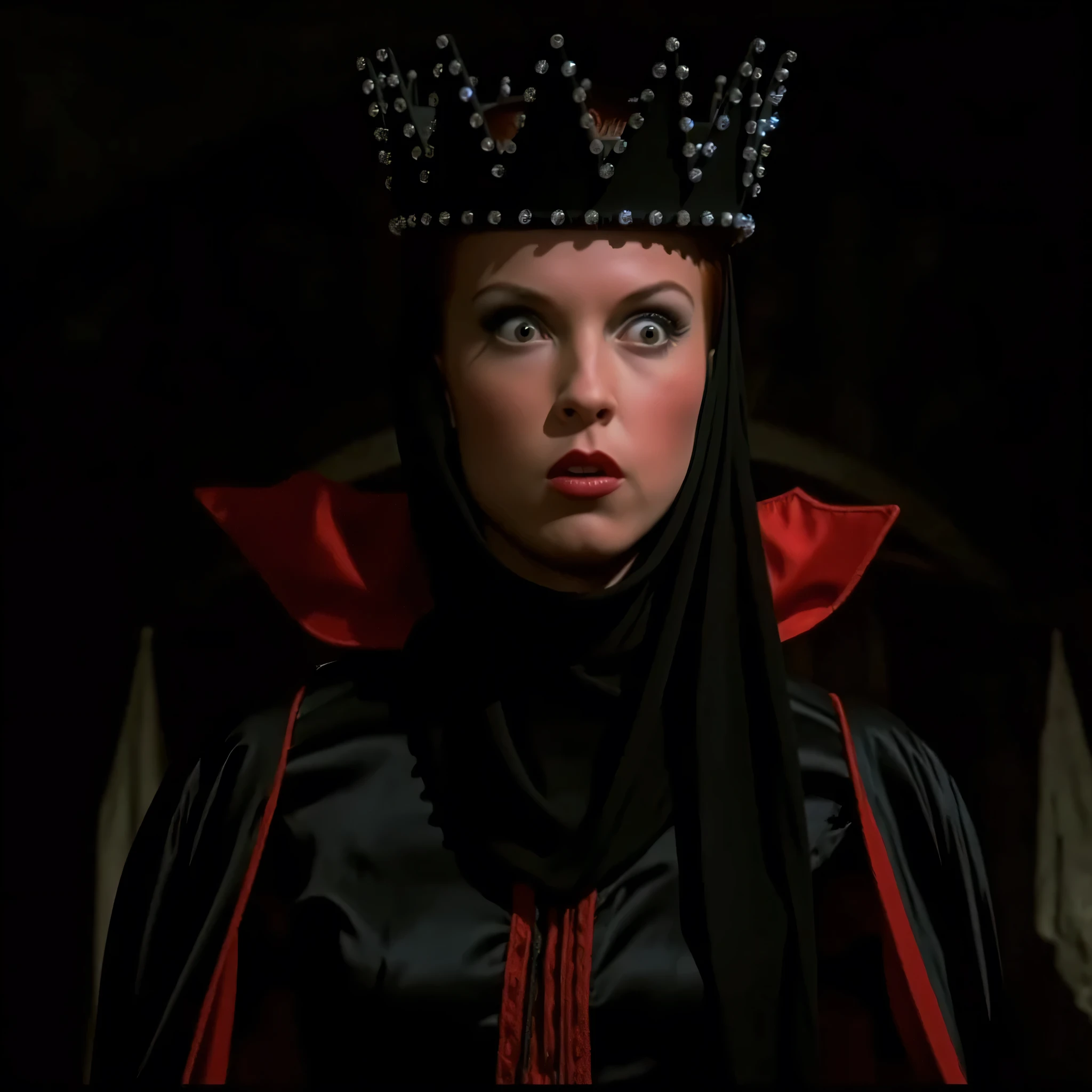 cinematic film still of Evil Queen a Long shot of a surprised woman in a black costume, Long Black Satin Cape with red satin Lining and a black crown with wide staring eyes and a shock expression on her face in 1500s 15th century, 1girl, solo, hat, upper body, lips, makeup, black background, crown, lipstick, realistic, red lips, shallow depth of field, vignette, highly detailed, high budget, bokeh, cinemascope, moody, epic, gorgeous, film grain, grainy