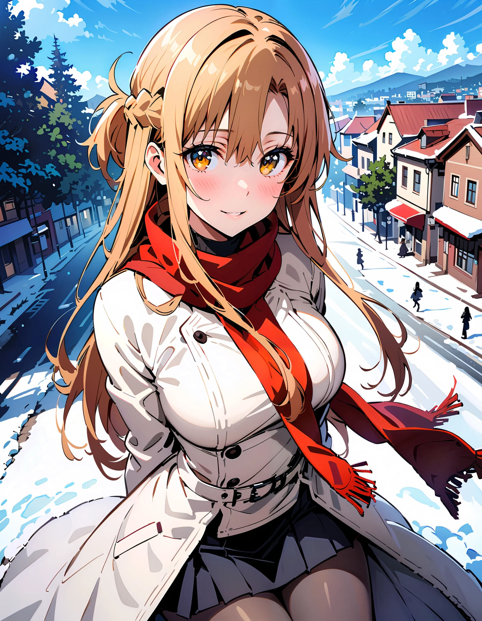 Asuna Yuki ,  long hair, bangs,Alone, monochrome,  braided, Hair,  brown eyes,single  braided,Medium breast,smile,blush, open their mouths, red scarf,White Down Coat , ( sweater :1.2),( turtleneck:1.2), long skirt ,rib tights ,  grey pantyhose ,  boots, standing,snow,whole bodyがイラストに入るように, break looking at viewer,whole body, break outdoors, Around town, break ( Masterpiece:1.2), top quality , kampala,unity 8k wallpaper,(shape:0.8),(  fine, beautiful eyes  :1.6),It's a person ,whole body写真,CG Details , ( perfect hand, complete anatomy),