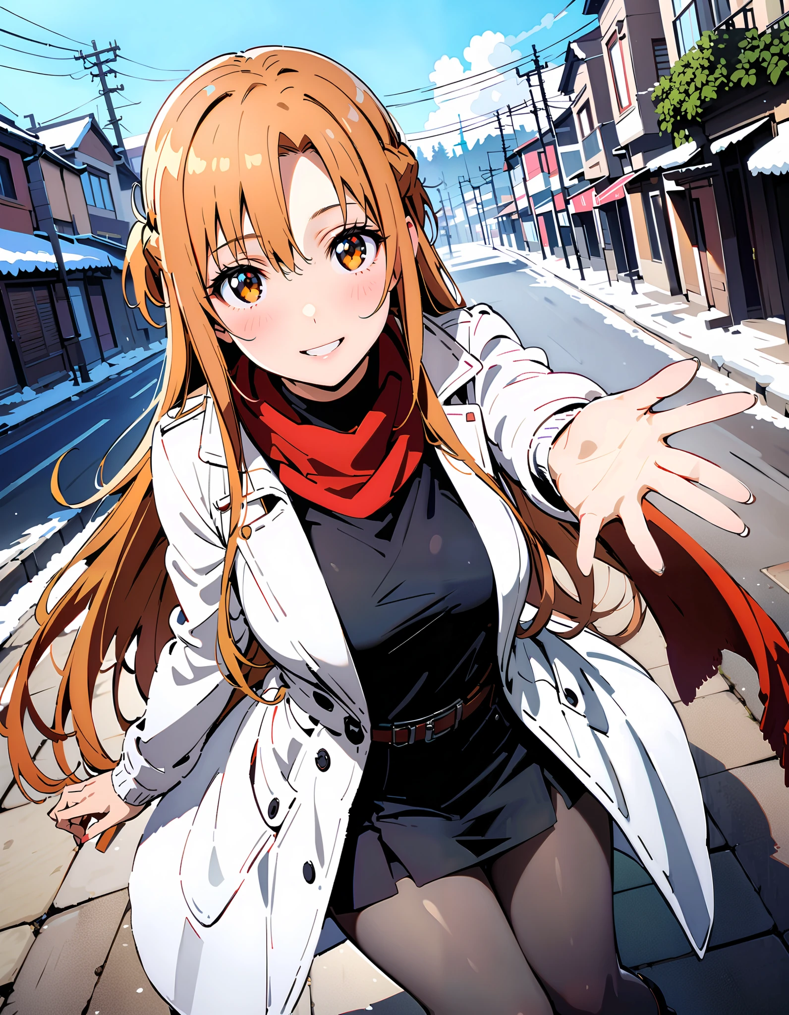 Asuna Yuki ,  long hair, bangs,Alone, monochrome,  braided, Hair,  brown eyes,single  braided,Medium breast,smile,blush, open their mouths, red scarf,White Down Coat , ( sweater :1.2),( turtleneck:1.2), long skirt ,rib tights ,  grey pantyhose ,  boots, standing,snow,whole bodyがイラストに入るように, break looking at viewer,whole body, break outdoors, Around town, break ( Masterpiece:1.2), top quality , kampala,unity 8k wallpaper,(shape:0.8),(  fine, beautiful eyes  :1.6),It's a person ,whole body写真,CG Details , ( perfect hand, complete anatomy),