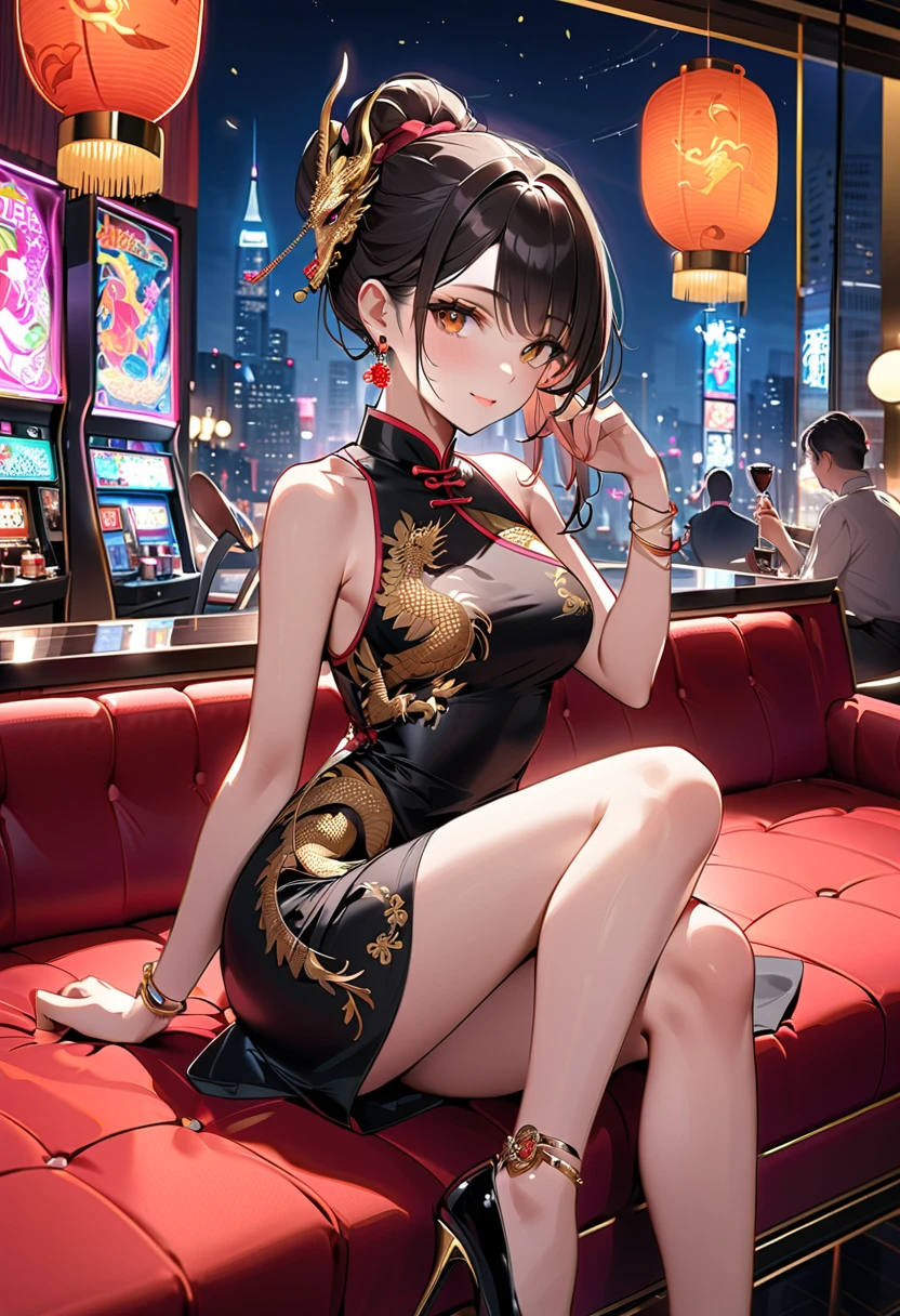 (Official art、Best Quality、Unity 8k Wallpapers、32K、masterpiece、ultra-detailliert、超A high resolution、realisitic、Photorealsitic:1.2)、(Cinematic lighting:1.2)、Fireglow effect、film grains、Best Shadows、Rim lighting、side lights、sideshot、(Ultra-detailed and complex 3D rendering)、Detailed beautiful face and eyes、A slender、Medium bust、(Full body:1.2)、 Highly detailed background、Chinese Restaurant、Carry dishes、beauitful face、blurry backround、a beauty girl、(super detailed skin、detailed skin textures:1.3)、Black hair、short-hair、Double bun、Blue eyes、Red cheongsam with gold thread embroidery、Wearing high heels、Floral hair ornament、Smile with open mouth、(thighs thighs thighs thighs:0.9)、Sitting on a desk、dynamicposes、