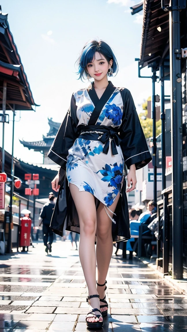 Beautiful Thai-Melanesian woman, (), pretty face,Athletic feminine body, Female fitness model body, Hard toned feminine body, (muscles: 1.2),Japanese idol,(wearing cute kimono: 1.3), Red high heels, short length,Short hair, (bob cut), (bangs: 1.2), (coloring),(kunoichi ninnjya fighter in fighting position),(tattoos all over body, 80% of body covered in Japanese tattoos: 1.4),masterpiece, perfect lighting, ultra high resolution, 32K, (highly detailed: 1.4), From the front, looking at the camera, melancholy expression,(Tokyo city, many people in the background),Too beautiful sniper,Beautiful nipples,A beautiful assassin,A kimono combat uniform with a plain pattern and mainly indigo blue,A decisive battle between the two armies across the river,Battle of Kawanakajima,A plain kimono with a plain pattern, a battle costume,(Flat Chest),A beautiful girl,Sparkling Eyes,