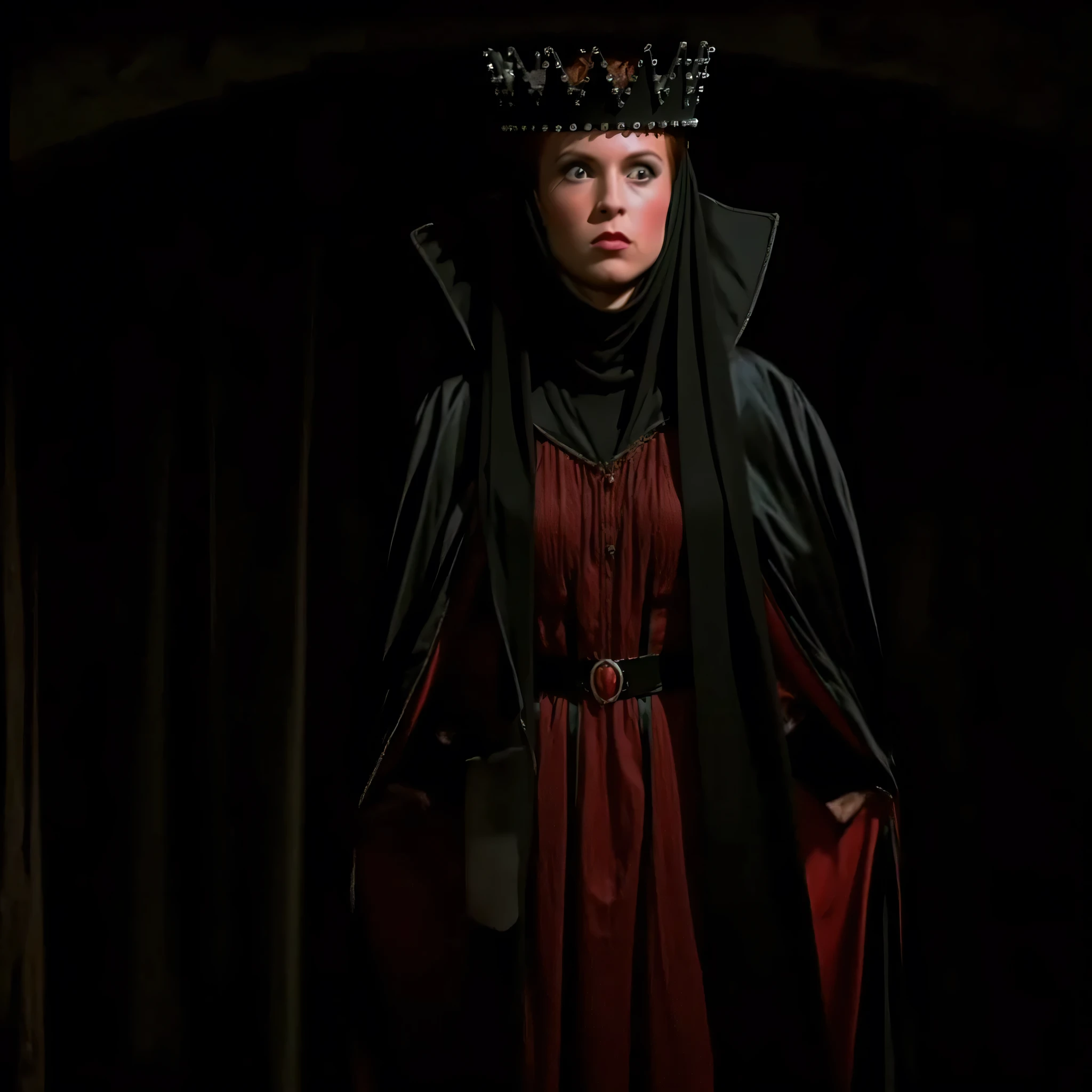 cinematic film still of  Evil Queen a Long shot of a surprised woman in a black costume, Long Black Satin Cape with red satin Lining and a black crown with wide staring eyes and a shock expression on her face in 1500s 15th century, 1girl, solo, hat, upper body, lips, makeup, black background, crown, lipstick, realistic, red lips, shallow depth of field, vignette, highly detailed, high budget, bokeh, cinemascope, moody, epic, gorgeous, film grain, grainy