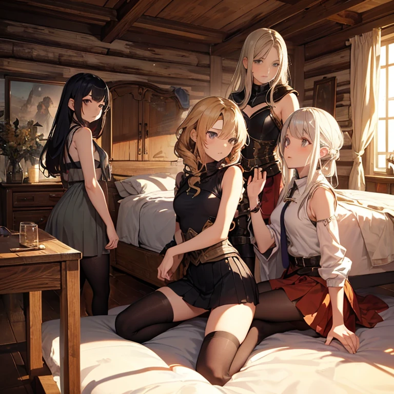 a group of girls lying on a room at night , choker , 3girl, barefoot, multiple girls , long hair, dress, braint hair, blonde hair, tribal tatto ,