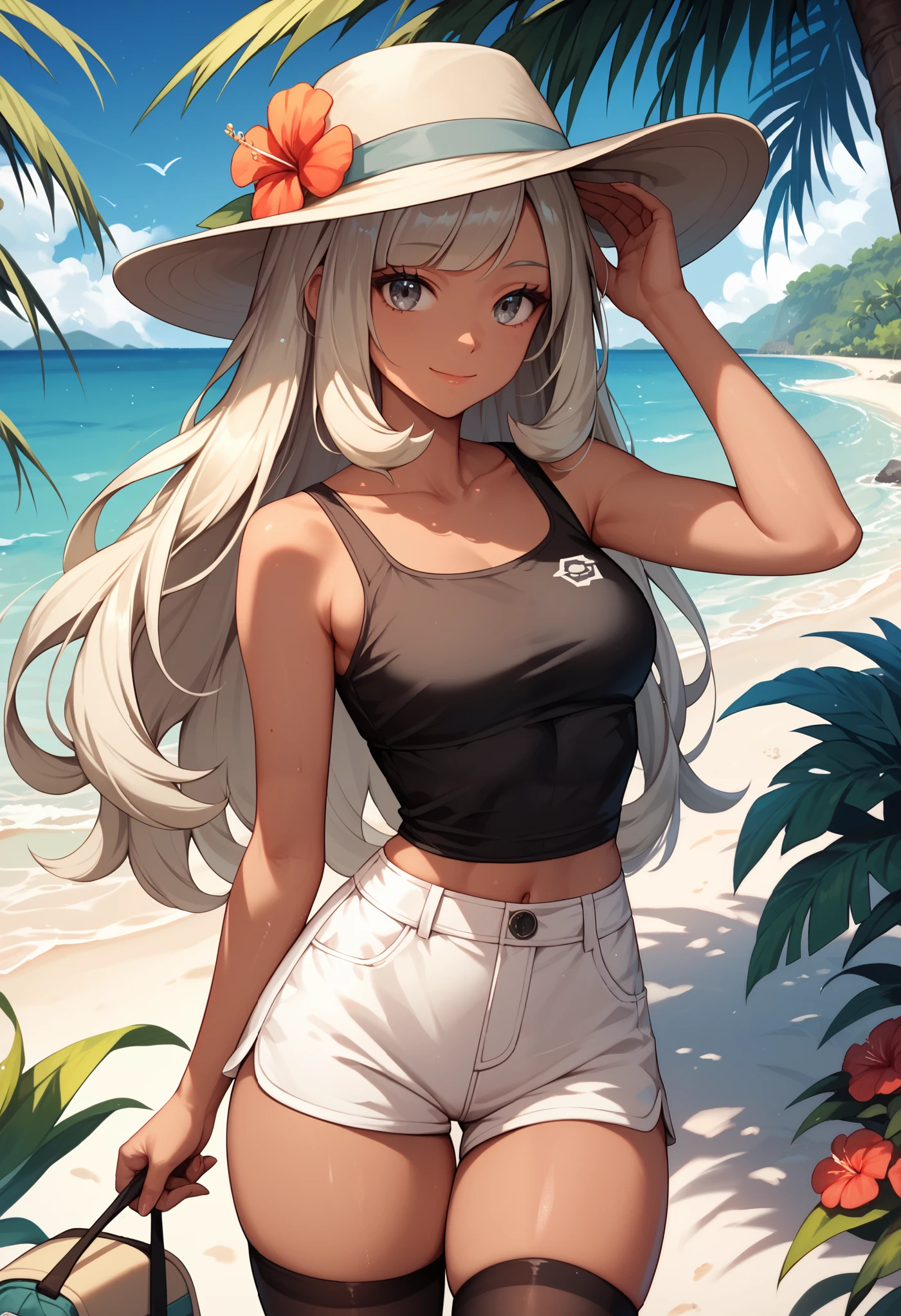 Solo, 1girl, medium breasts, small waist, small hips, thick thighs, pokemonselene, platinum blonde hair, grey eyes, long hair, long bangs, bangs, outdoors, tropical beach, sunny, skinny, collarbone, white shorts, black tanktop, black thighhighs, gray loafers, (black_striped beige fedora), ((dark skin)), long top, cowboy shot, skindentation, slight smile,