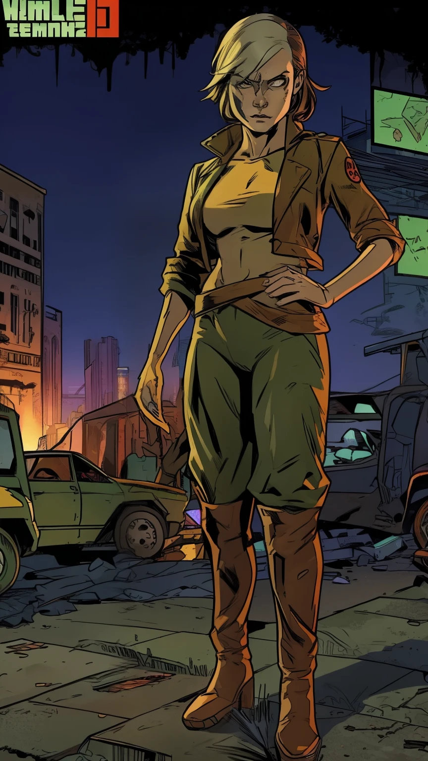 gta style, GTA loading screen, gta art, (((standing alone))), 1 girl, 1 girl, alone, clothes, (((natta, natta))) , highy detailed, face detailed, epic, High definition shooting, digitalportrait, comely, art station, comic style, ((hot body, hot girl, sensuous, sexly)), comic, O estilo de The Walking Dead. ((a background destroyed city with zombies, zombies)).