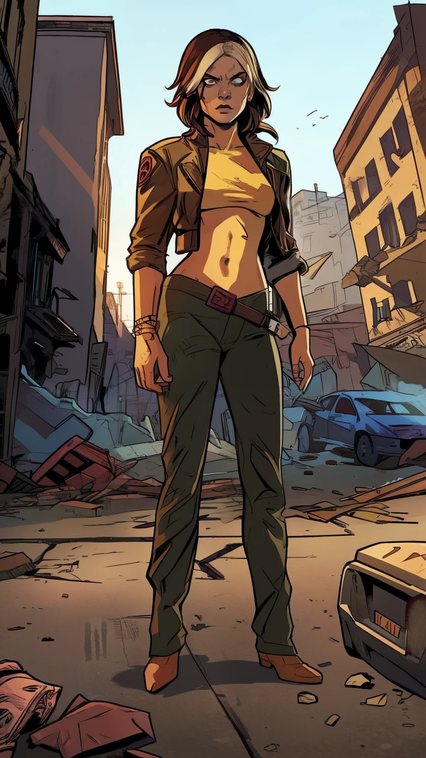 gta style, GTA loading screen, gta art, (((standing alone))), 1 girl, 1 girl, alone, clothes, (((natta, natta))) , highy detailed, face detailed, epic, High definition shooting, digitalportrait, comely, art station, comic style, ((hot body, hot girl, sensuous, sexly)), comic, O estilo de The Walking Dead. ((a background destroyed city with zombies, zombies)).