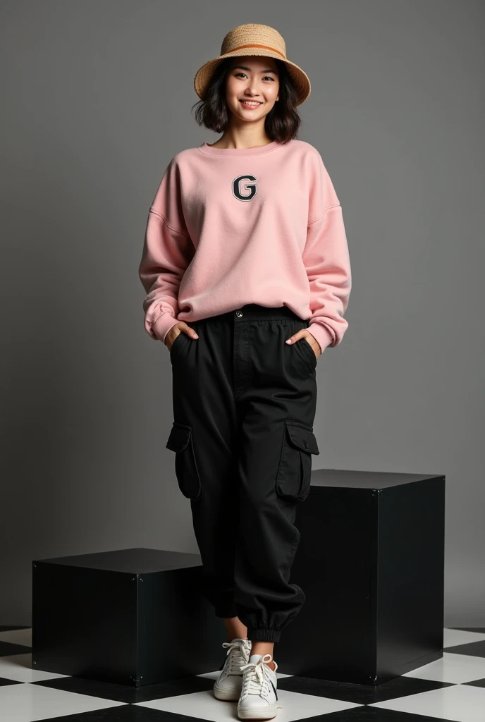  Beautiful Vietnamese woman wearing pink sweater with inscription G , black cargo pants  , Sneakers,basin hat ,  standing full body posing anngun and pulling bulging pocket facing the camera a chess-shaped background smile,and partially black box so pedestal .