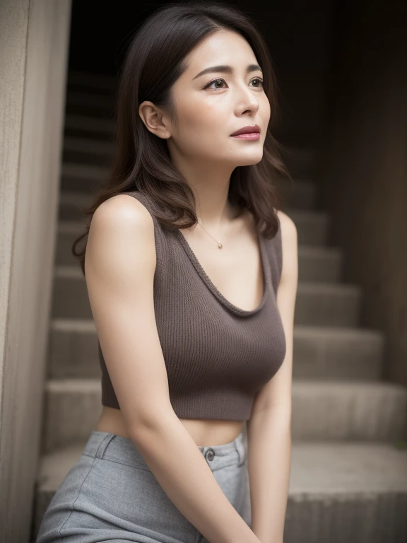 ((Daytime、Bright outdoor、top-quality、8K、​masterpiece:1.3))、小柄、Short stature、１a person、abdominals、Small buttocks、Brown longhair、small tits、Smaller chest、Small bulging breasts)、shortpants、off shoulders、Bright outdoor、hyperdetailed face、A detailed eye、Back double eyelid、piercings、a necklace、wrist watch、anklets、teak、cute little、childish