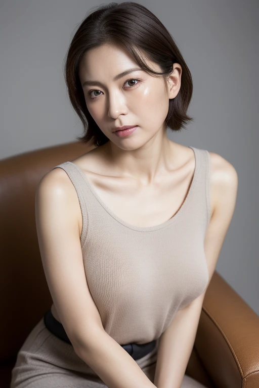 The ultra -The high-definition, ​masterpiece, Textured skin, ighly detailed, Photorealsitic, profetional lighting, depth of fields, sharp, greybackground, (japanese mature, 38 year old male sexy, Detailed face, beautidful eyes, bangss, small breasts of good shape, Light Brown Straight Hair, Faint lips, ((standing at front、Staring at the viewer, serious face eyes.)), theta, skirt by the, fully body photo, cowboy  shot