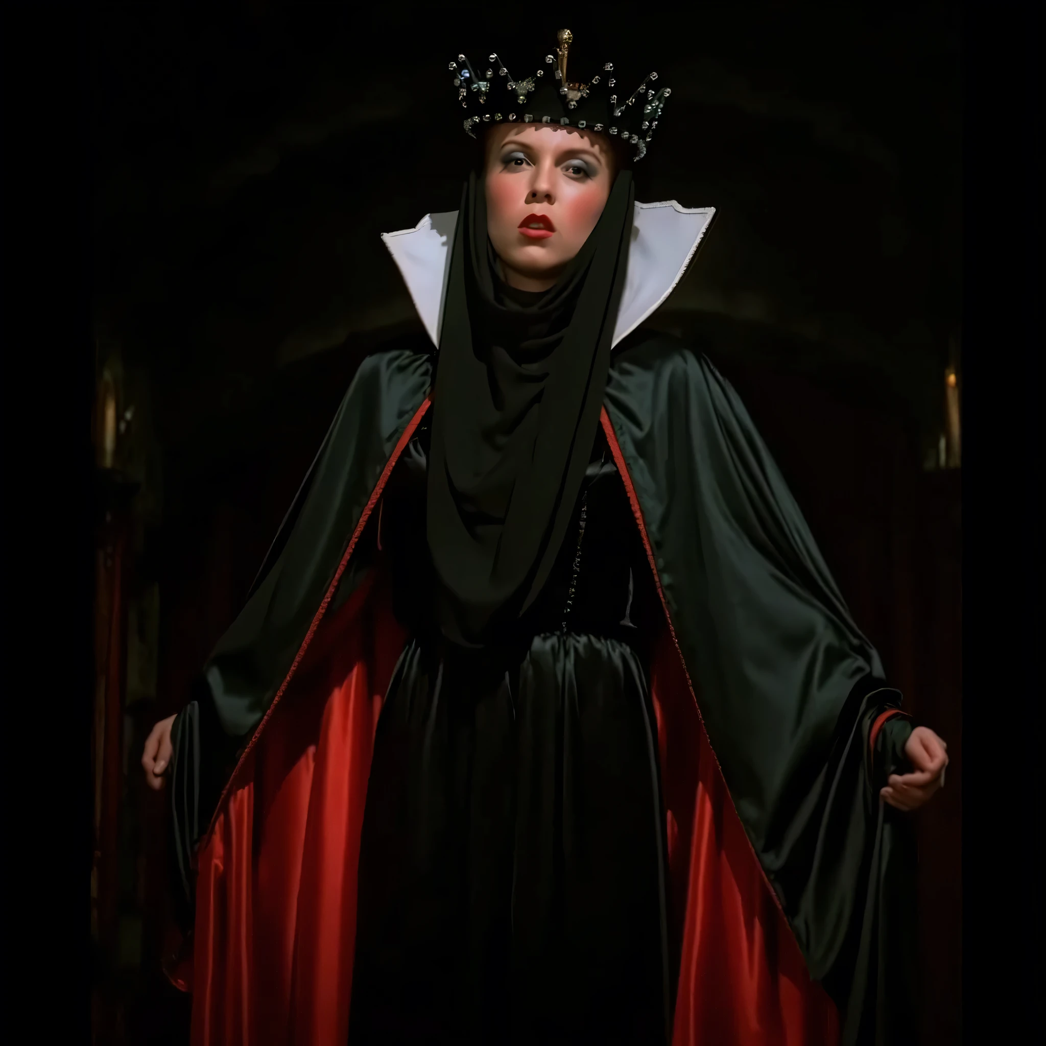 cinematic film still of  Evil Queen a Long shot of a surprised woman in a black costume, Long Black Satin Cape with red satin Lining and a black crown with wide staring eyes and a shock expression on her face in 1500s 15th century, 1girl, solo, hat, upper body, lips, makeup, black background, crown, lipstick, realistic, red lips, shallow depth of field, vignette, highly detailed, high budget, bokeh, cinemascope, moody, epic, gorgeous, film grain, grainy