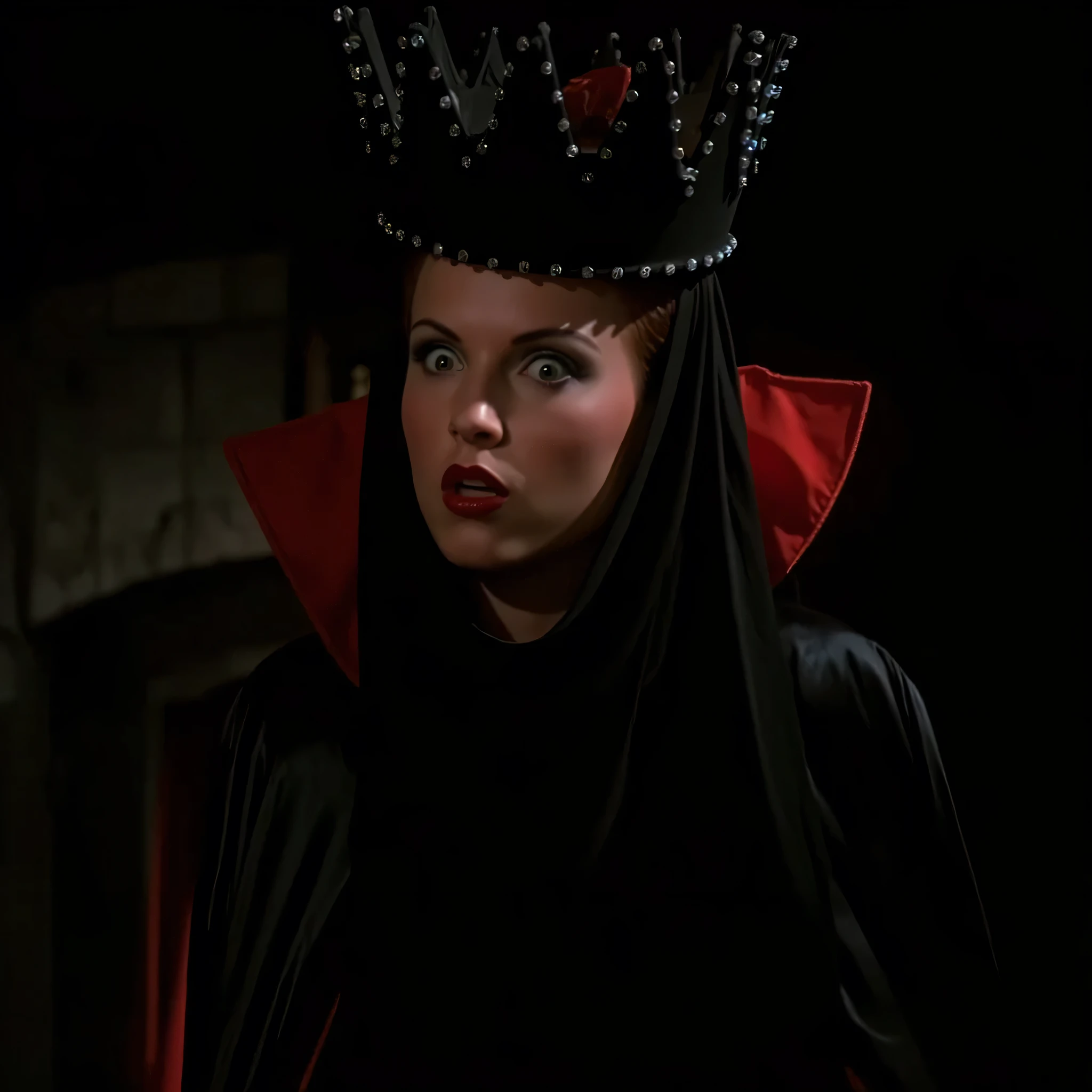 cinematic film still of Evil Queen a Long shot of a surprised woman in a black costume, Long Black Satin Cape with red satin Lining and a black crown with wide staring eyes and a shock expression on her face in 1500s 15th century, 1girl, solo, hat, upper body, lips, makeup, black background, crown, lipstick, realistic, red lips, shallow depth of field, vignette, highly detailed, high budget, bokeh, cinemascope, moody, epic, gorgeous, film grain, grainy