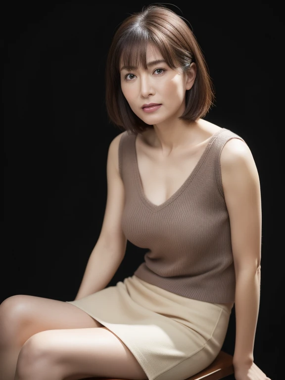 50-year-old woman,White sleeveless T-shirt on the bare skin,short skirt of yellow color,white panties,lowered chest,Wavy hair up to the shoulders,no-makeup,Average waist,Thick thighs,Average calf,Put your right hand on your head,In a dark room,sitting on stairs,Open legs,Gaze on the viewer,Show me one side,Detailed pictures of the whole body