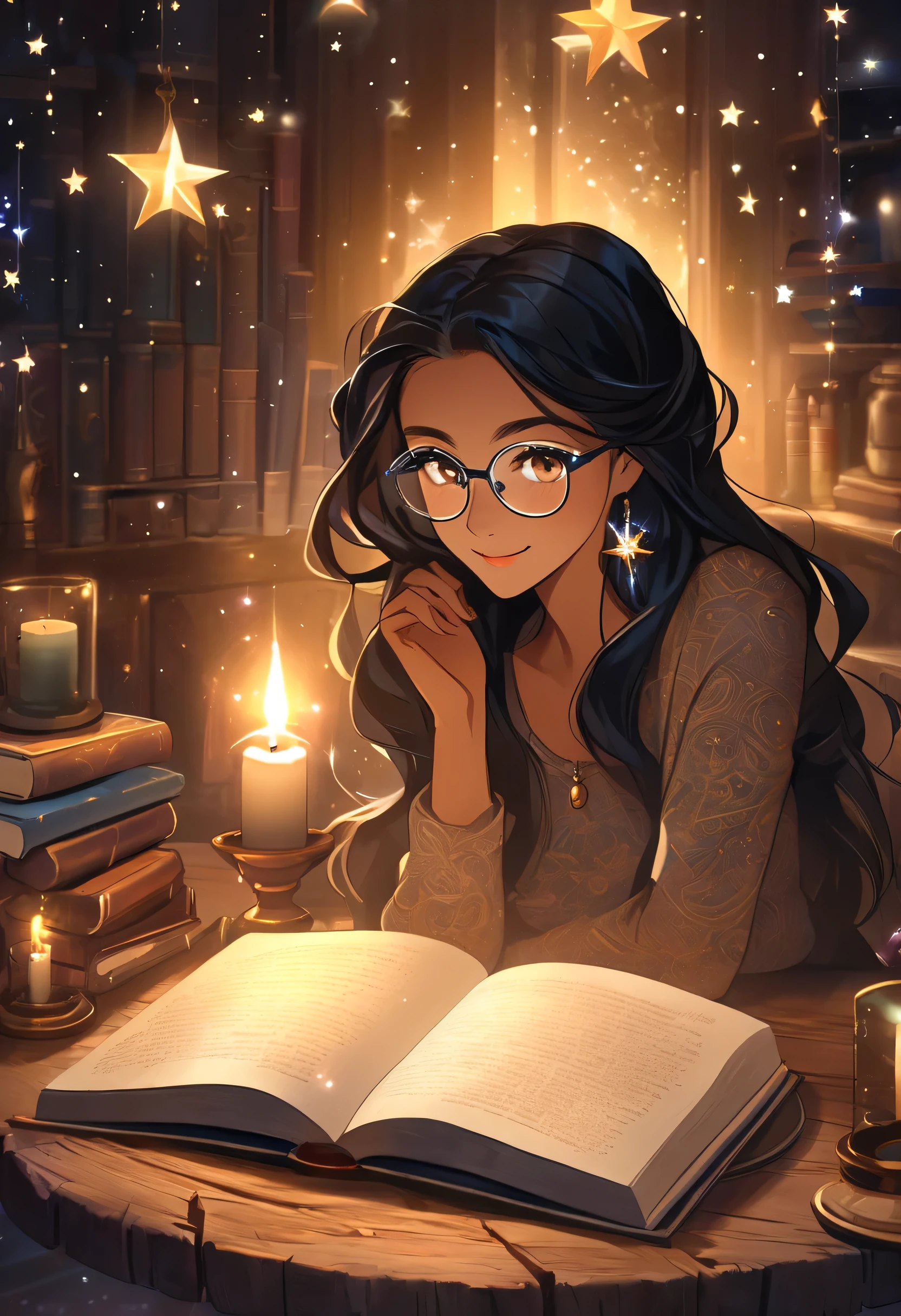 A woman with warm brown skin and long black hair, smiling gently as she holds a book about mysteries. She wears stylish glasses, and her eyes shine with curiosity. Seated at an old wooden table, the soft glow of a candle casts enigmatic shadows around her. The atmosphere is filled with mystery and dreams, with mystical symbols and blurred stars in the background, as if the universe and the unknown were whispering secrets around her.