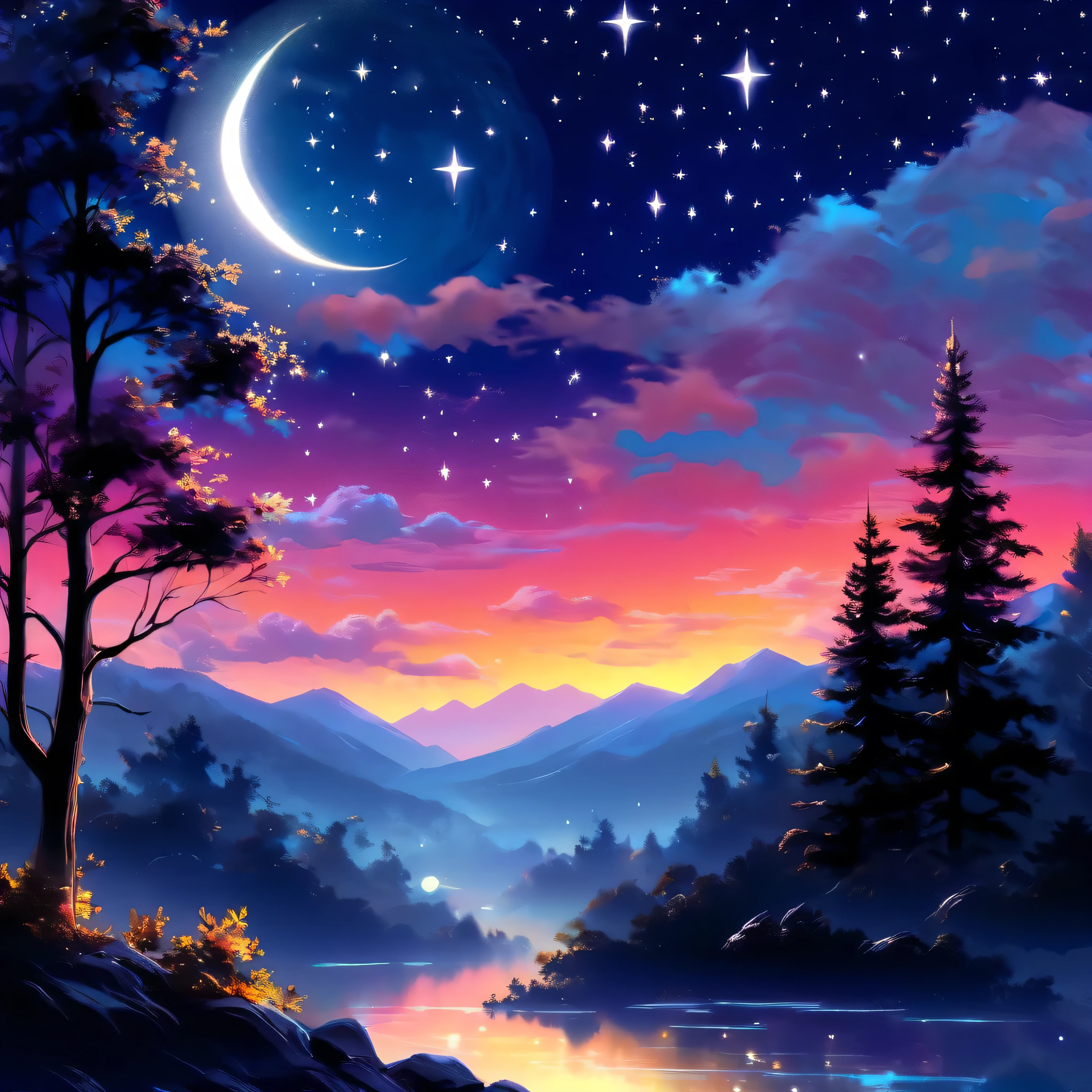 beautiful night sky , a moon, stars dancing , magic moonglow, magic, bright twilight
