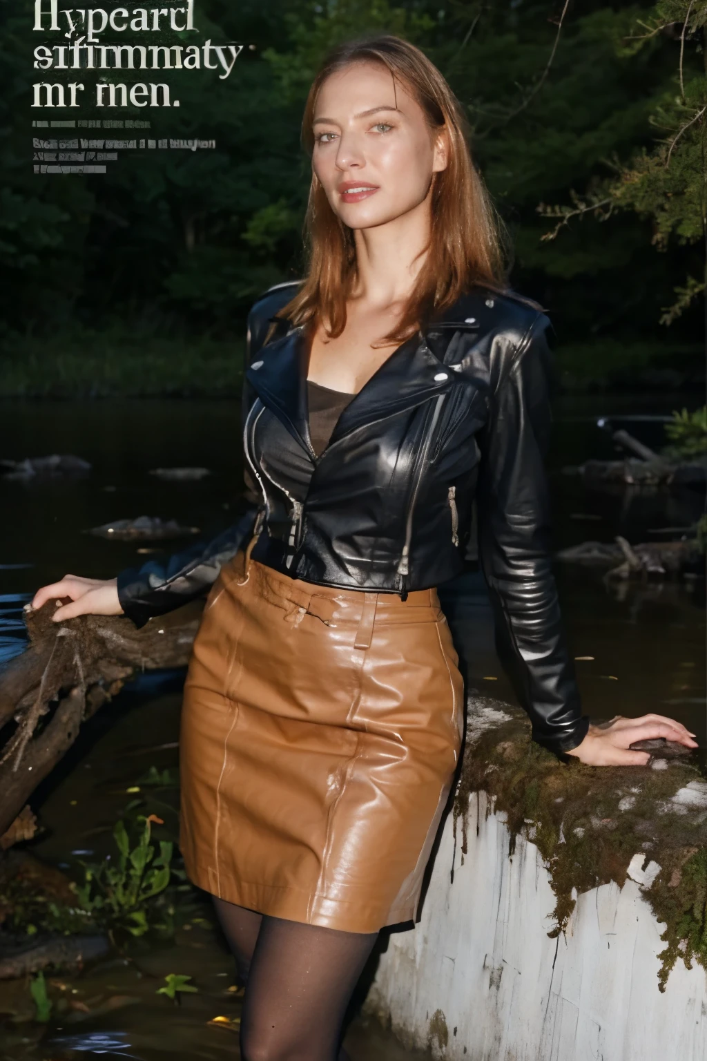 magazine cover, Hyper-realistic, ultradetailed, tmasterpiece. (Gloomy Forest:1.2). Mature woman, (Tormented by lust:1.1), standingn, (drowning in a bog:1.2). pencil skirt, (lace stockings), leather jacket, (Pronounced wrinkles:1.3), (dehydrated skin:1.3), Copper-red hair,Attention-whore, Attention-grabbing , heading, stylish, font, memorable, heading, big, Sensation