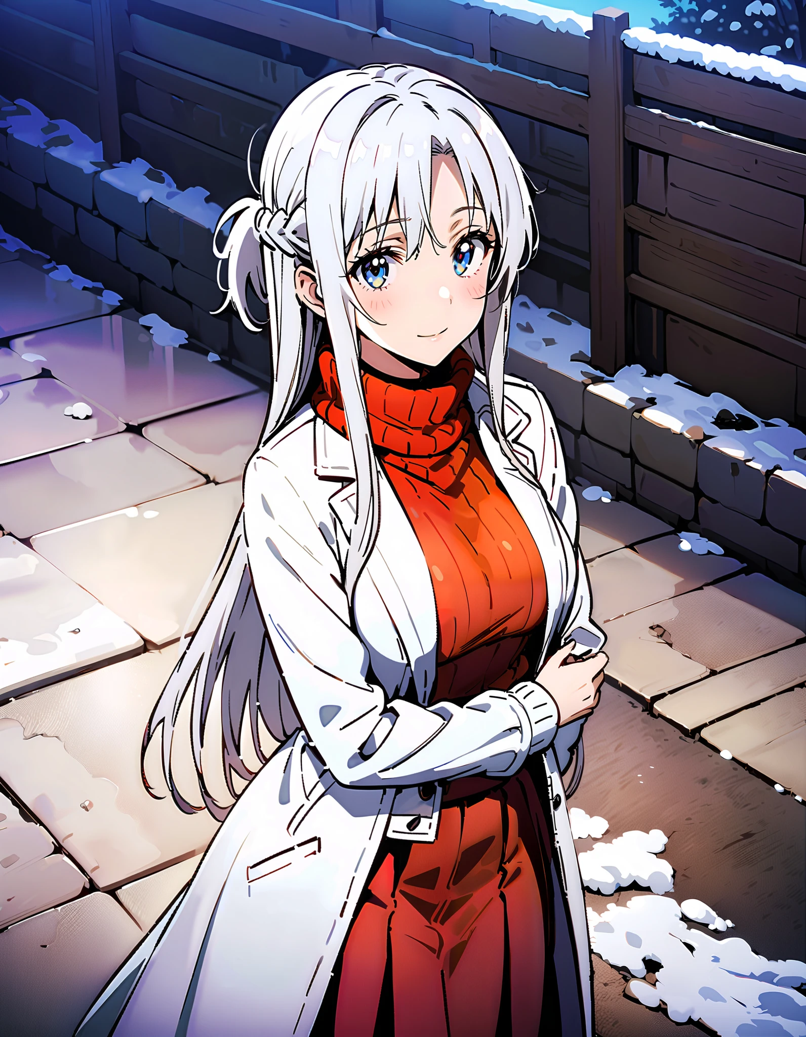 Asuna Yuki , long hair, bangs,Alone, monochrome, braided, Hair, brown eyes,single braided,Medium breast,smile,blush, open their mouths, red scarf,White Down Coat , ( sweater :1.2),( turtleneck:1.2), long skirt , boots, standing,snow,whole bodyがイラストに入るように, break looking at viewer,whole body, break outdoors, Around town, break ( Masterpiece:1.2), top quality , kampala,unity 8k wallpaper,(shape:0.8),( fine, beautiful eyes :1.6),It's a person ,whole body写真,CG Details , ( perfect hand, complete anatomy),