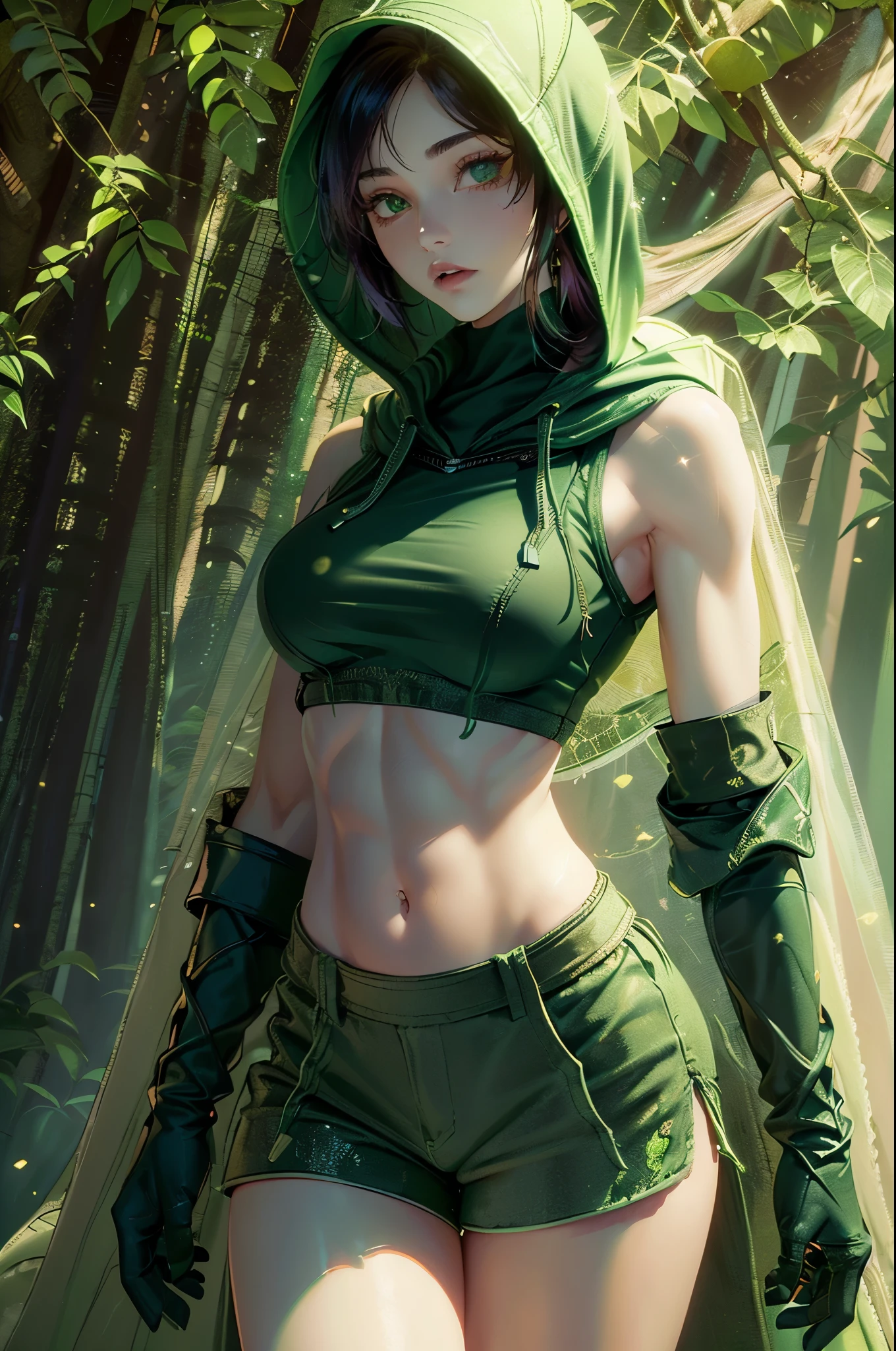 One girl, young girl, curvy, wide hips, pale face, turtleneck top, sleeveless, muscular, abs, biceps, triceps, revealing dress, shorts, belly cutout, wide hips, high waist slit, (small breasts), ((green hooded cloak)), ((tactical gloves)), glow particles, forest, heterochromia, different colour eyes