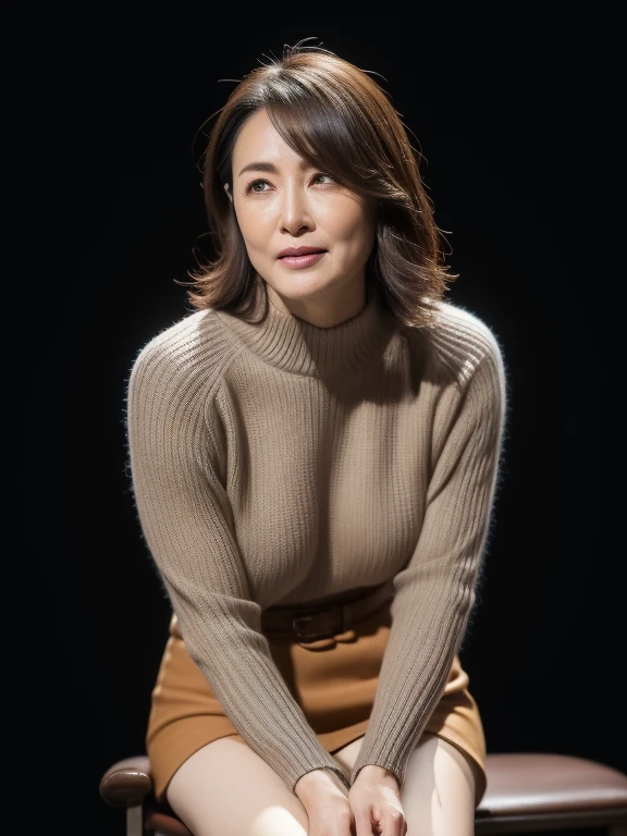 ((Highest quality, 8K, masterpiece, Portraiture: 1.3)), (Looking at the audience), (Tabletop), Attractive mature woman, 1 person, A little thick:0.4,Light brown short bob、 ((loose gray knit)), Beige tight skirt,((big 1.5)) (Large pelvis:0.9), ((On the sofa bed)), ((Sitting))、,Good posture、Living room bathed in strong afternoon sunlight、((A kind smile))、A captivating gaze、((Living room space at home))、