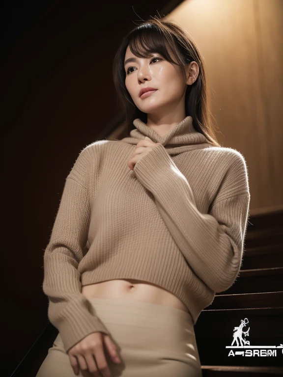 Best Quality, hight resolution, Hires, Skin definition, Detailed skin, Detailed eyes, Detailed face, 4K, 日本人A MILF, ((独奏)), (((50 years old))), (Wrinkles at the corners of the eyes:1.6), (nasolabial folds:1.3), A MILF, glamor, A sexy, Chromo-white skin, ((Wavy Longhair)), Looking at Viewer,(((my skin is old))), ((muscles are old)), (((A slender))), ((Saggy udder)), (Saggy buttocks), ((Japanese Models)), 4K, (photoRealistic:1.5), Realistic, nffsw, Beautiful, ?????, Perfect makeup, small diamond necklace, piercings, ((Brown coat, White turtleneck sweater, sleeveless, Argyle pattern pleated skirt, Black long boots )), ssmile, Public places,Full body photo,