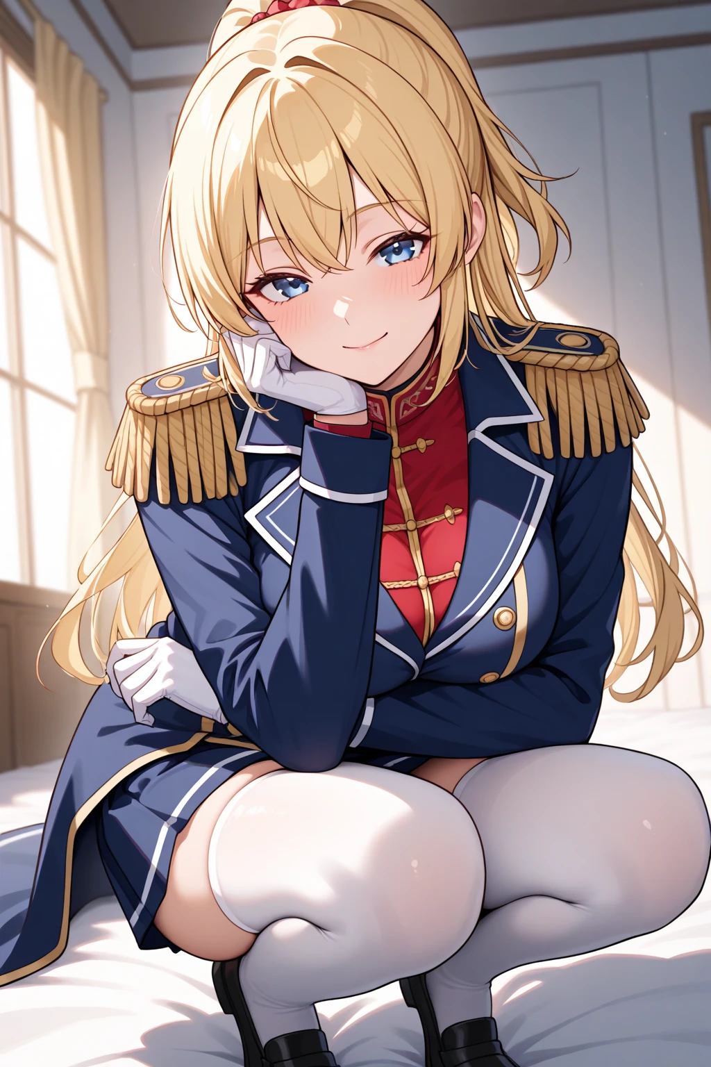 {{{masterpiece}}}, {{{best quality}}}, {{ultra-detailed}}, {illustration}, {{an extremely delicate and beautiful}},YuinshielAsteria, blonde long hair, ponytail red shirt, white skirt, blue coat, epaulettes, white thighhighs, white gloves large breasts seductive smile
intricate details, realistic lighting, artistic photorealism hot atmosphere, ,beauty,portrait squatting head rest