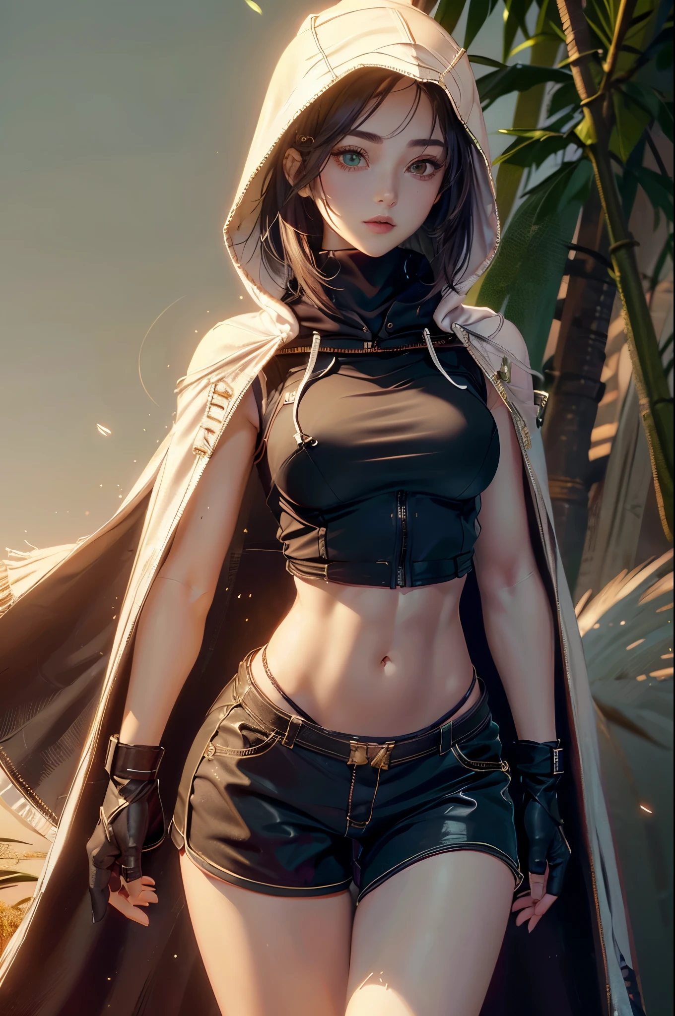 One girl, young girl, curvy, wide hips, pale face, turtleneck top, sleeveless, muscular, abs, biceps, triceps, revealing dress, shorts, belly cutout, wide hips, high waist slit, (small breasts), (( hooded cloak)), ((tactical gloves)), glow particles, forest, heterochromia, different colour eyes