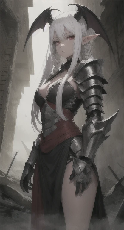 (score_9,score_8_up,score_7_up,score_6_up,score_5_up,score_4_up),1girl,solo, two-tone hair(red and black) half closed eyes, red eyes, vampire eyes, Long Eyelashes, very huge breast, black armor(dragon skin), Breast Curtains, curvy, Pelvic Curtain, side-tie panties, thigh, thick, hand on own hip, holding sword on side, white background, depth of field, masterpiece, best quality, realistic light and shadow, high key lighting, (balanced photo, balanced exposure), view from front, thigh to head,