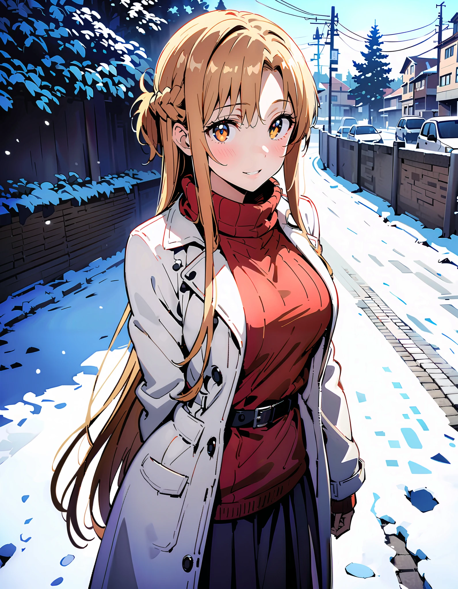 Asuna Yuki , long hair, bangs,Alone, monochrome, braided, Hair, brown eyes,single braided,Medium breast,smile,blush, open their mouths, red scarf,White Down Coat , ( sweater :1.2),( turtleneck:1.2), long skirt , boots, standing,snow,whole bodyがイラストに入るように, break looking at viewer,whole body, break outdoors, Around town, break ( Masterpiece:1.2), top quality , kampala,unity 8k wallpaper,(shape:0.8),( fine, beautiful eyes :1.6),It's a person ,whole body写真,CG Details , ( perfect hand, complete anatomy),
