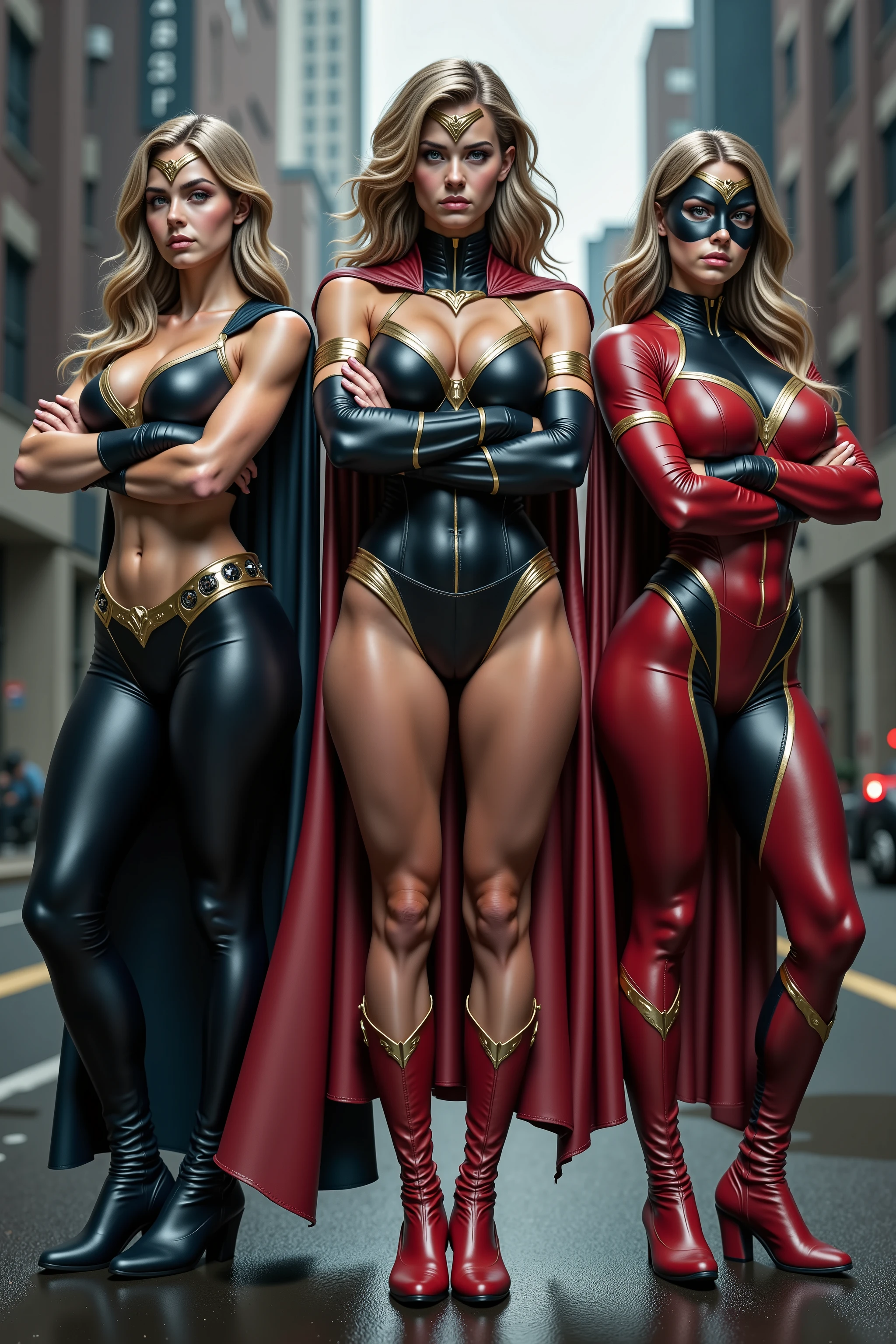 Create a group of sexy female superheroes in different sexy and provocative outfits 